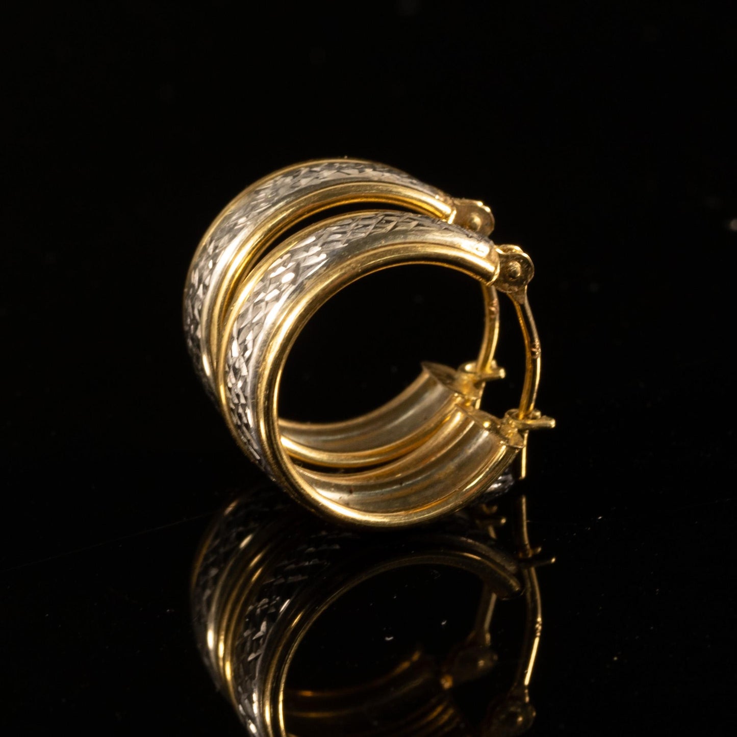 18 Karat Two Tone White & Yellow Gold Textured Small Hoop Earrings