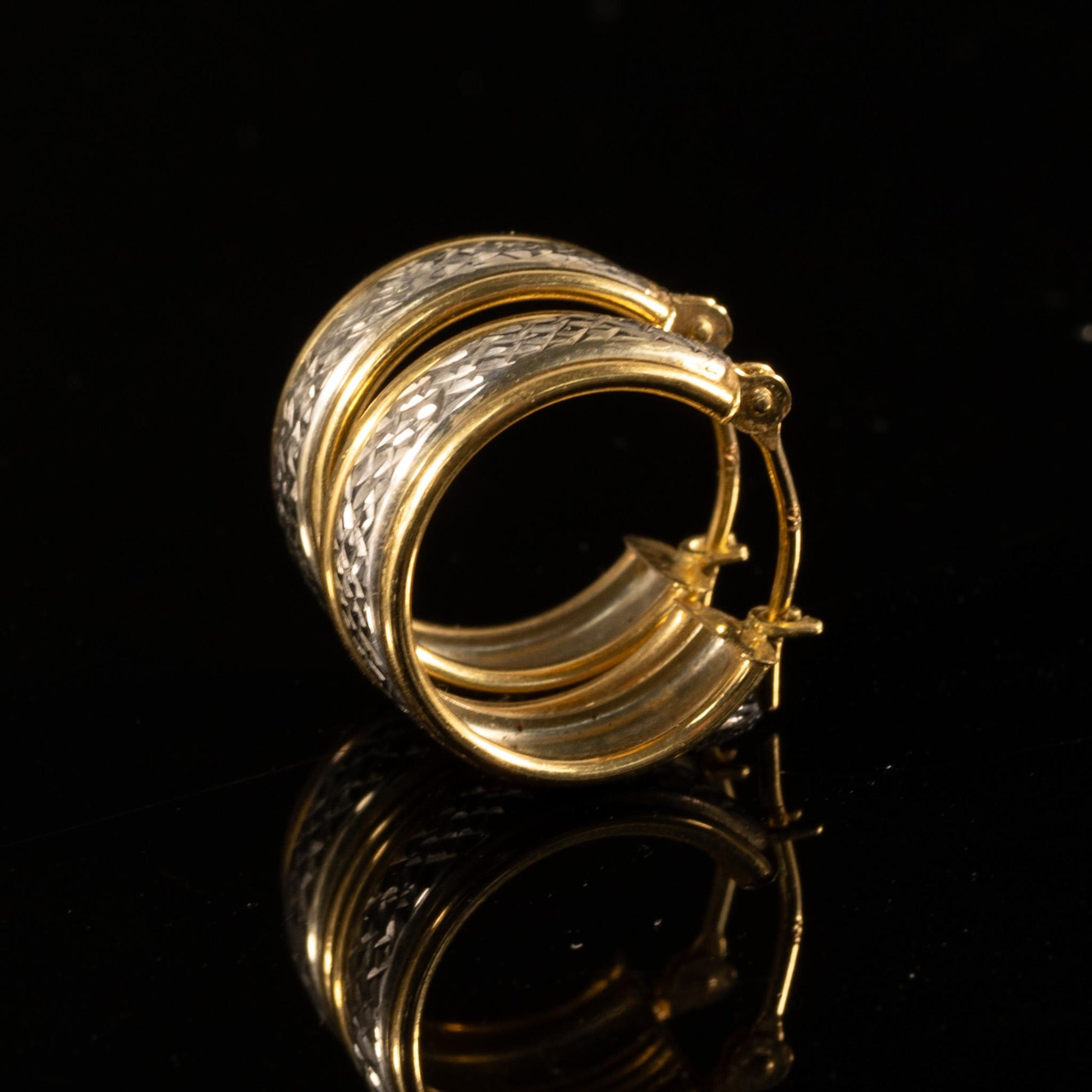 18 Karat Two Tone White & Yellow Gold Textured Small Hoop Earrings