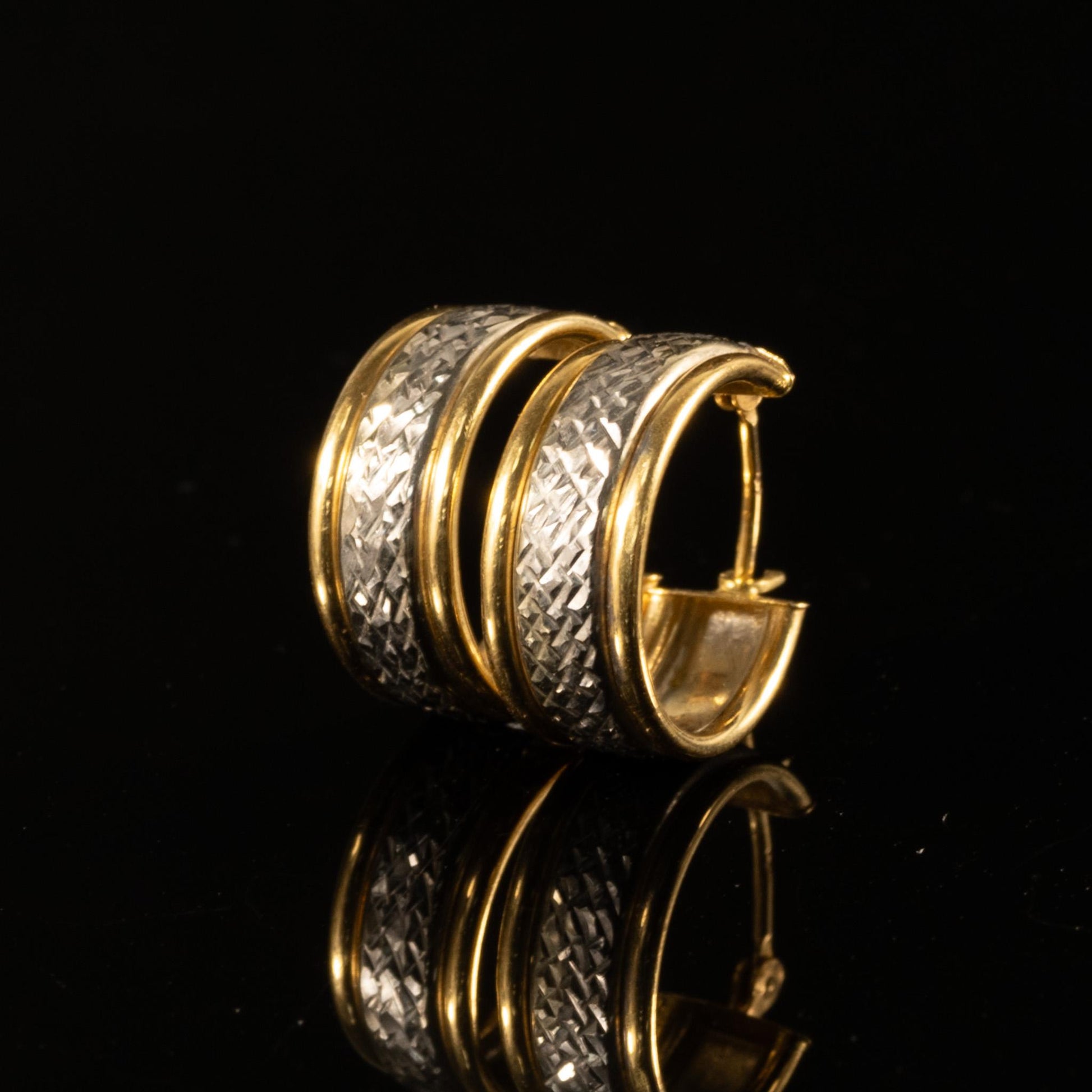 18 Karat Two Tone White & Yellow Gold Textured Small Hoop Earrings