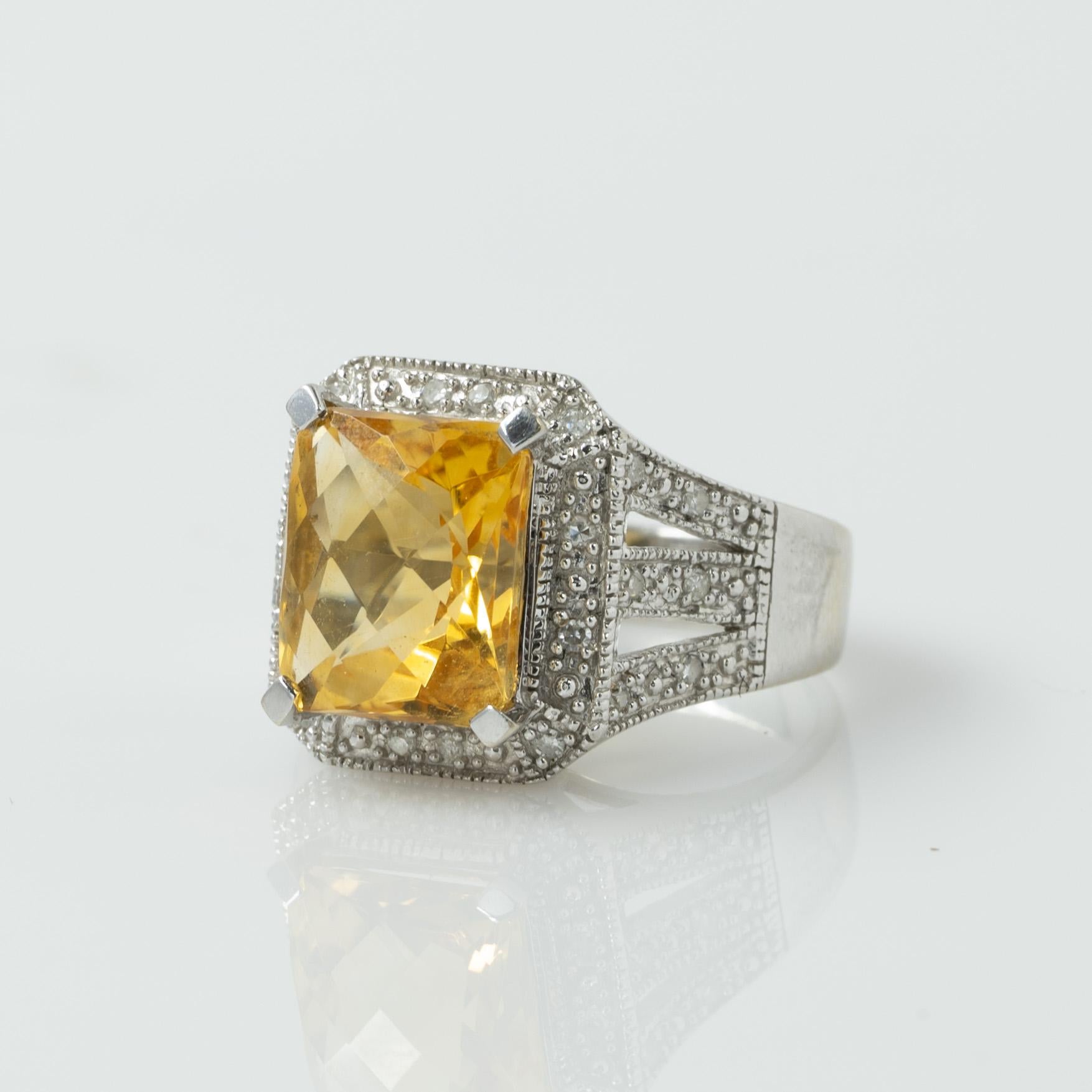 5ct Yellow Citrine & Diamond Halo 14k White Gold Ring