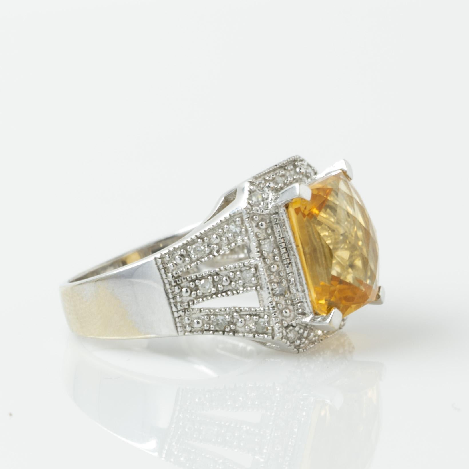 5ct Yellow Citrine & Diamond Halo 14k White Gold Ring