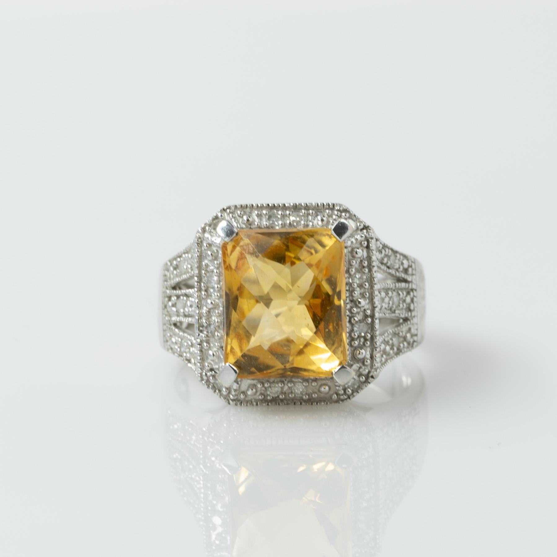 5ct Yellow Citrine & Diamond Halo 14k White Gold Ring