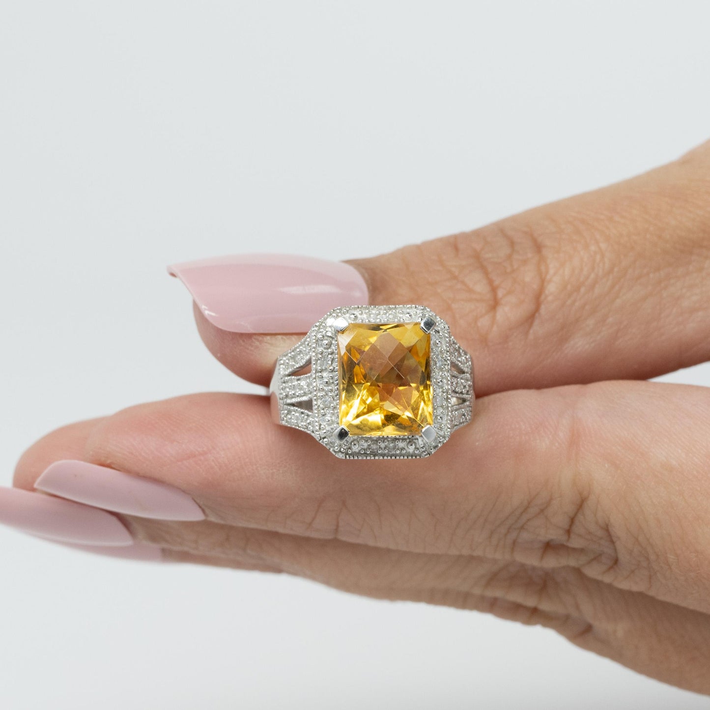 5ct Yellow Citrine & Diamond Halo 14k White Gold Ring