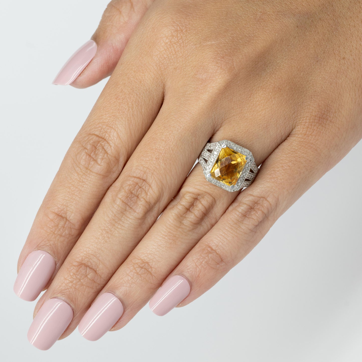 5ct Yellow Citrine & Diamond Halo 14k White Gold Ring