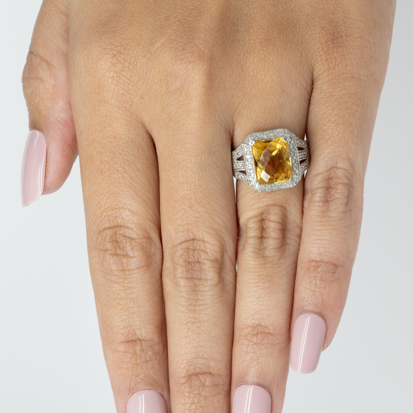 5ct Yellow Citrine & Diamond Halo 14k White Gold Ring