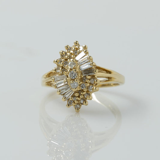 Round and Baguette Cut Diamond Cluster 14k Yellow Gold Ring