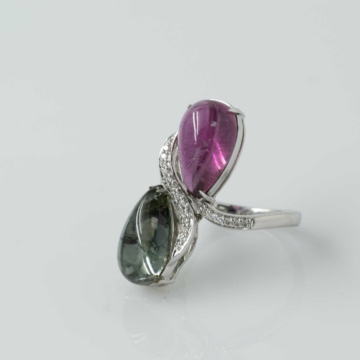 Pink & Green Tourmaline Pear Cabochon Cocktail Ring 14k White Gold and Diamonds