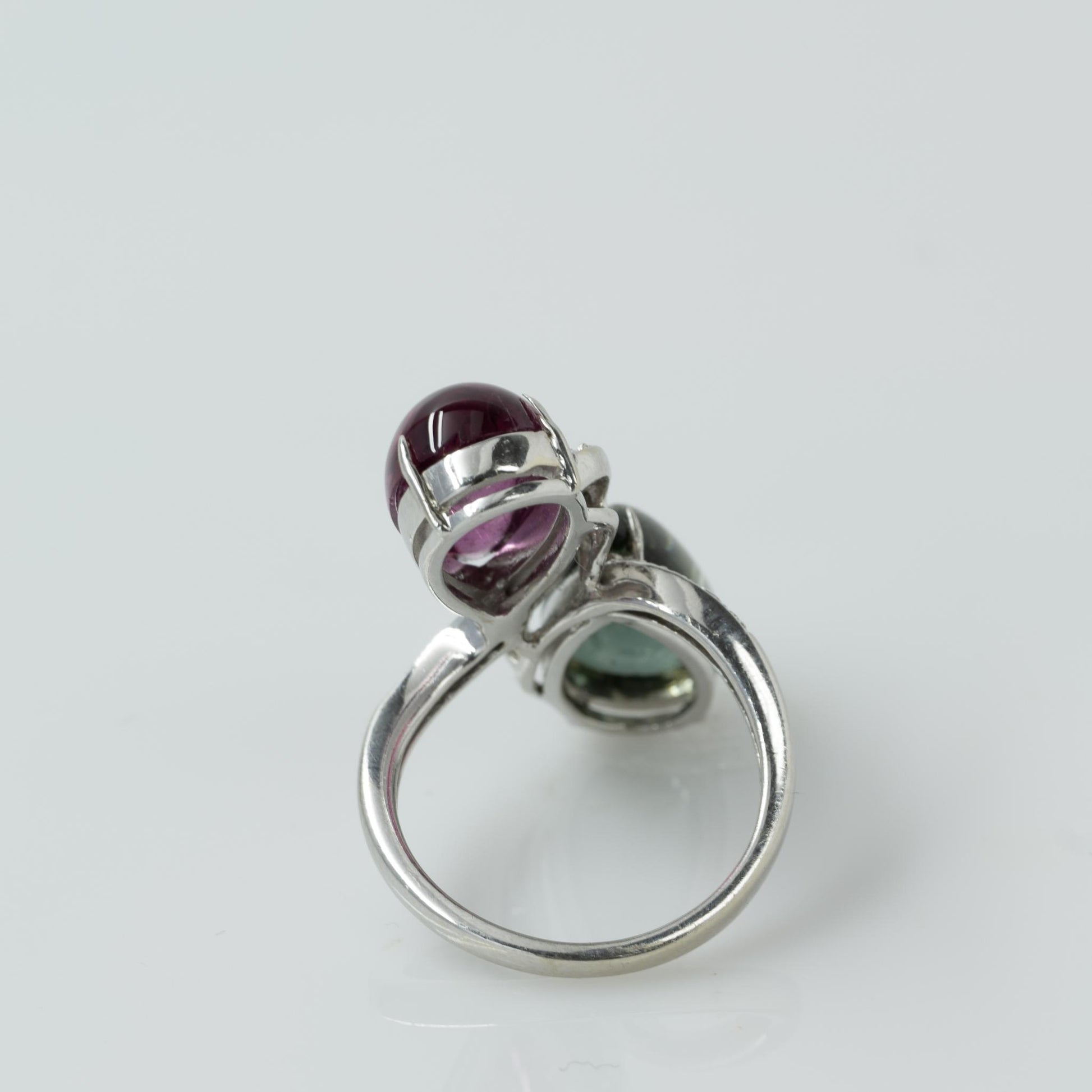 Pink & Green Tourmaline Pear Cabochon Cocktail Ring 14k White Gold and Diamonds