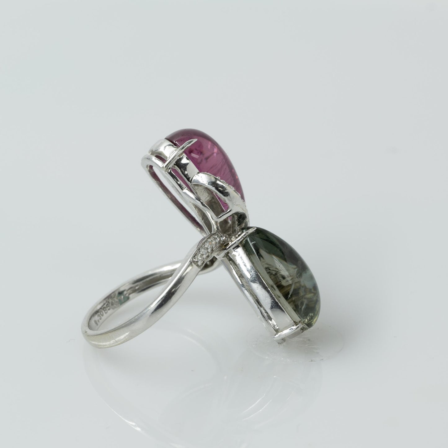 Pink & Green Tourmaline Pear Cabochon Cocktail Ring 14k White Gold and Diamonds