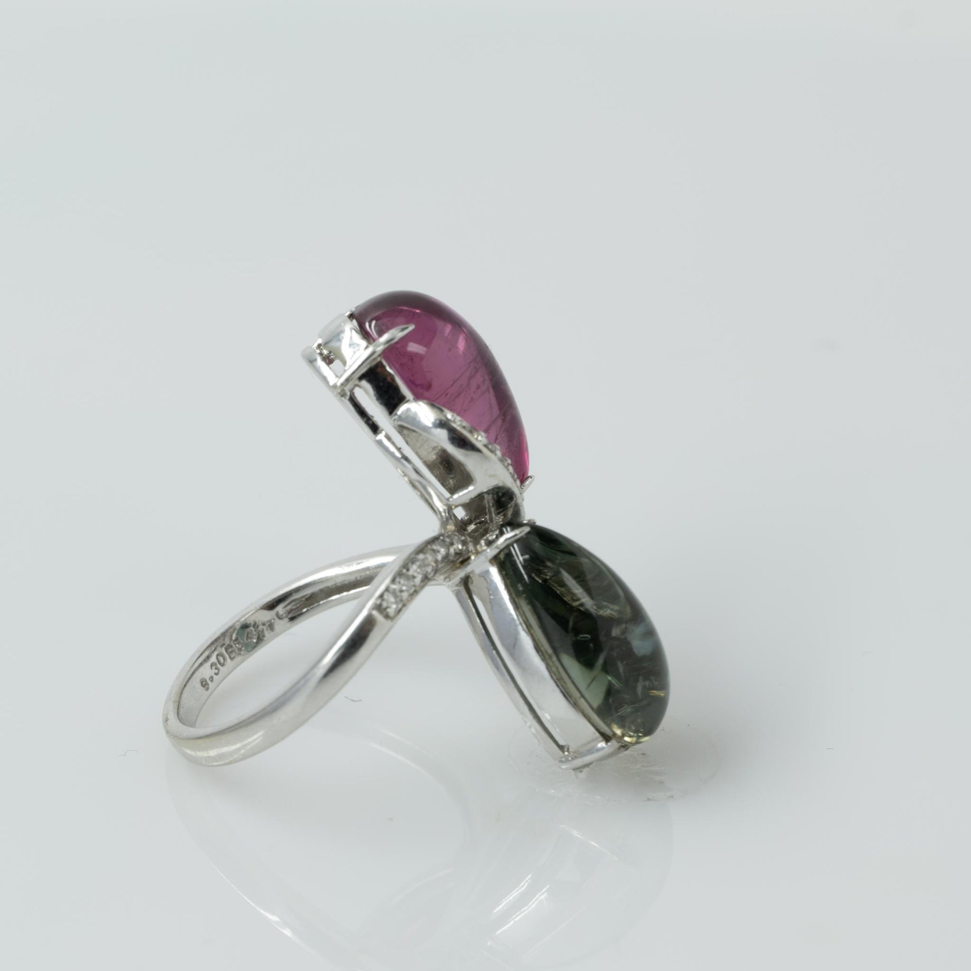 Pink & Green Tourmaline Pear Cabochon Cocktail Ring 14k White Gold and Diamonds