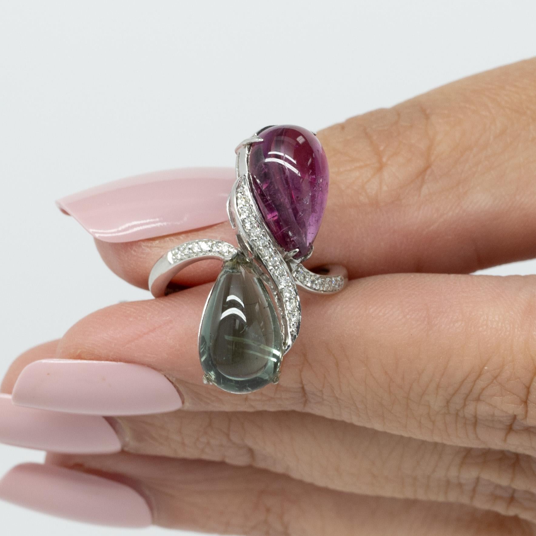 Pink & Green Tourmaline Pear Cabochon Cocktail Ring 14k White Gold and Diamonds