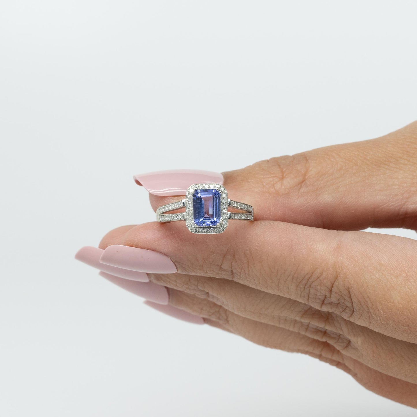 Emerald Cut Tanzanite in Diamond Halo Split Shank 14K White Gold Ring