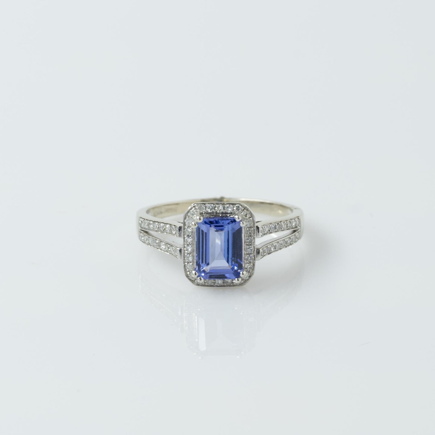 Emerald Cut Tanzanite in Diamond Halo Split Shank 14K White Gold Ring