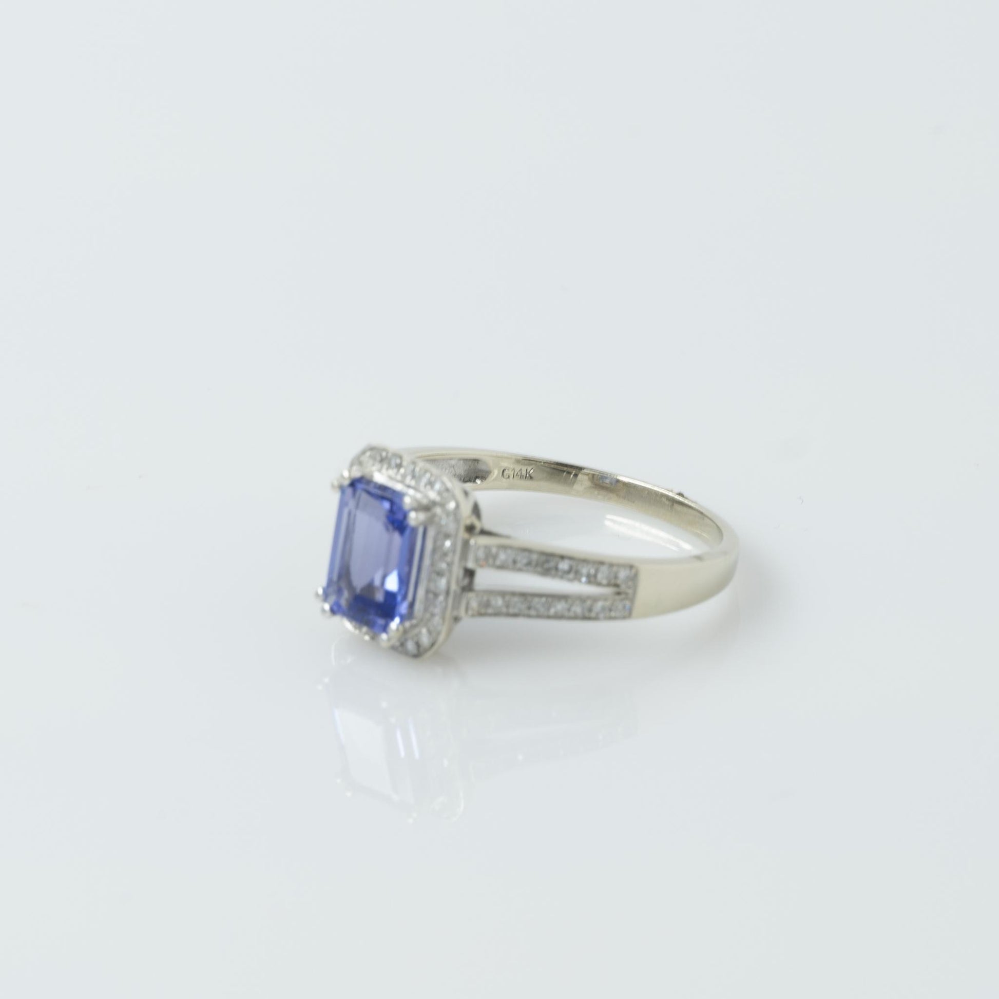 Emerald Cut Tanzanite in Diamond Halo Split Shank 14K White Gold Ring