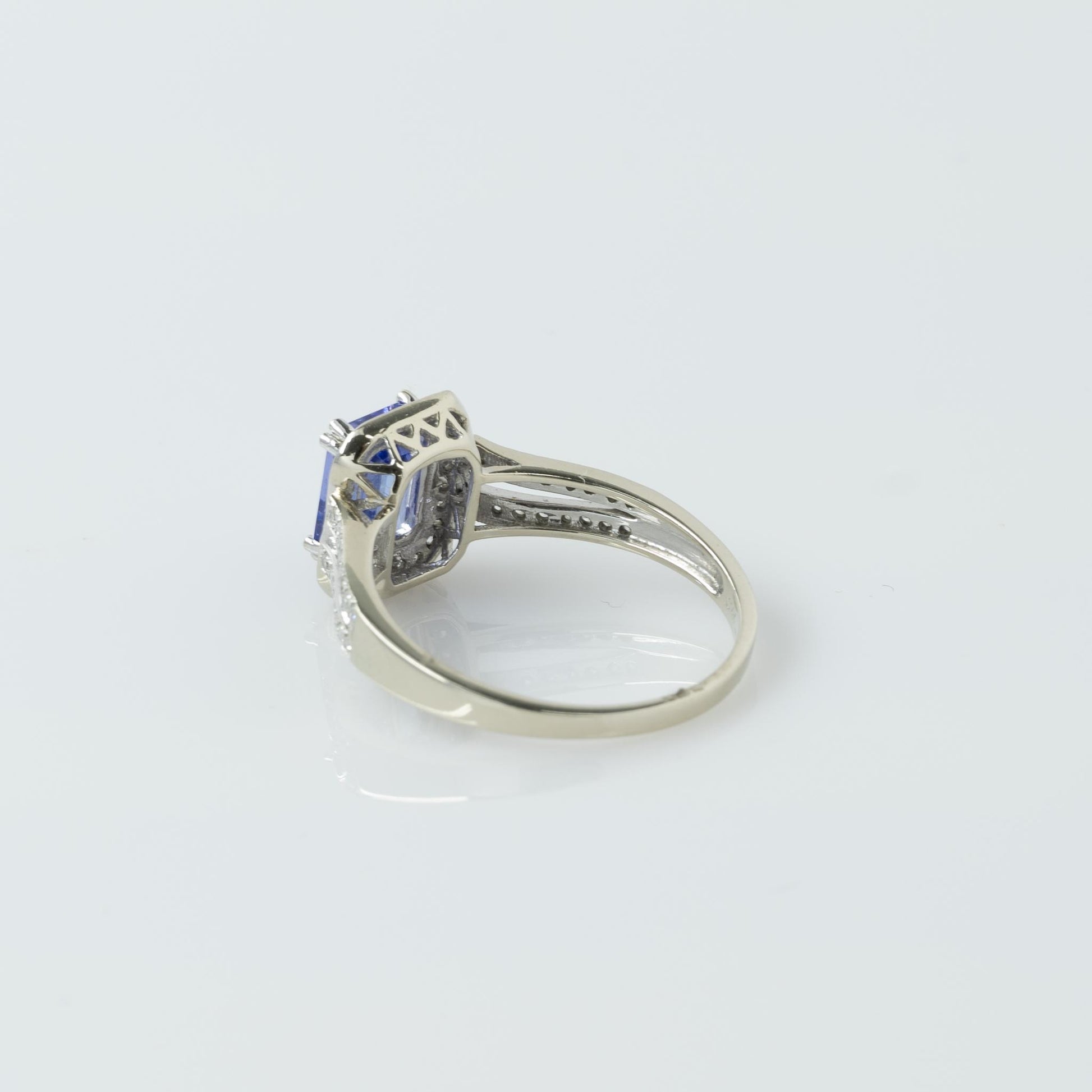 Emerald Cut Tanzanite in Diamond Halo Split Shank 14K White Gold Ring