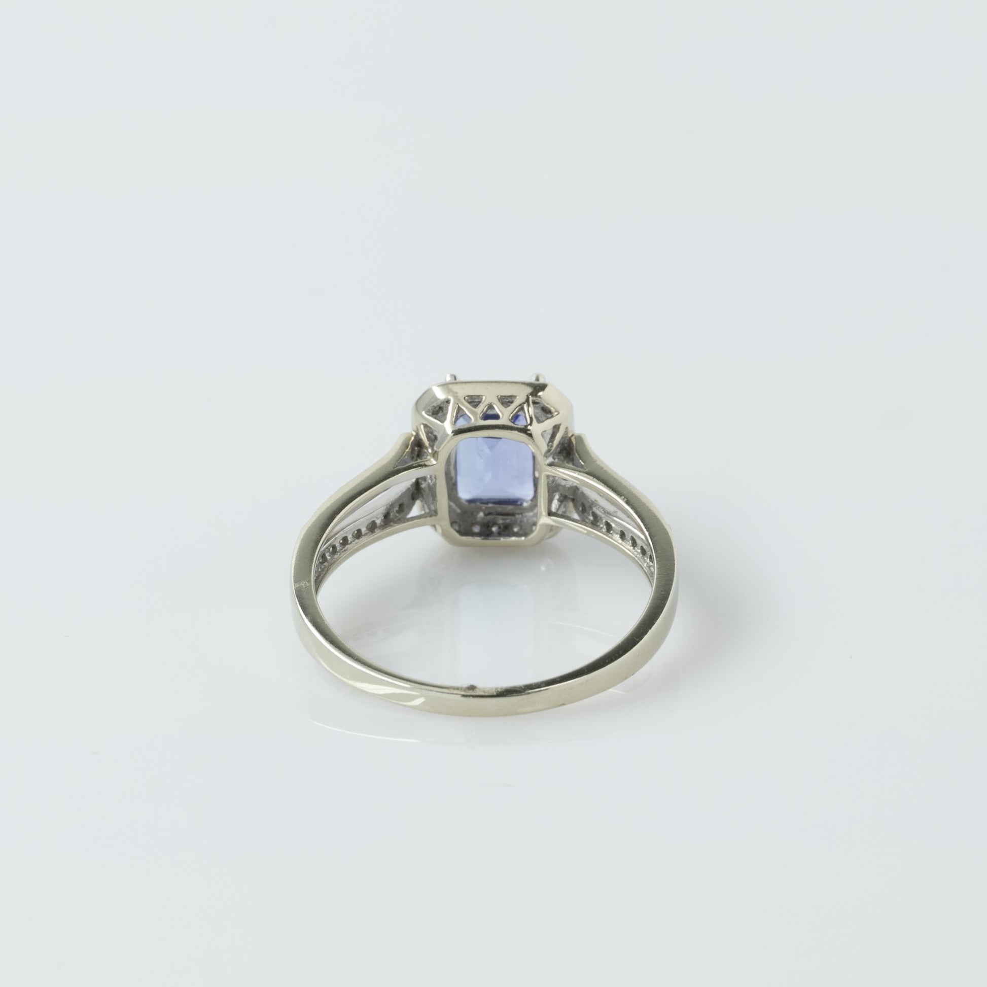 Emerald Cut Tanzanite in Diamond Halo Split Shank 14K White Gold Ring