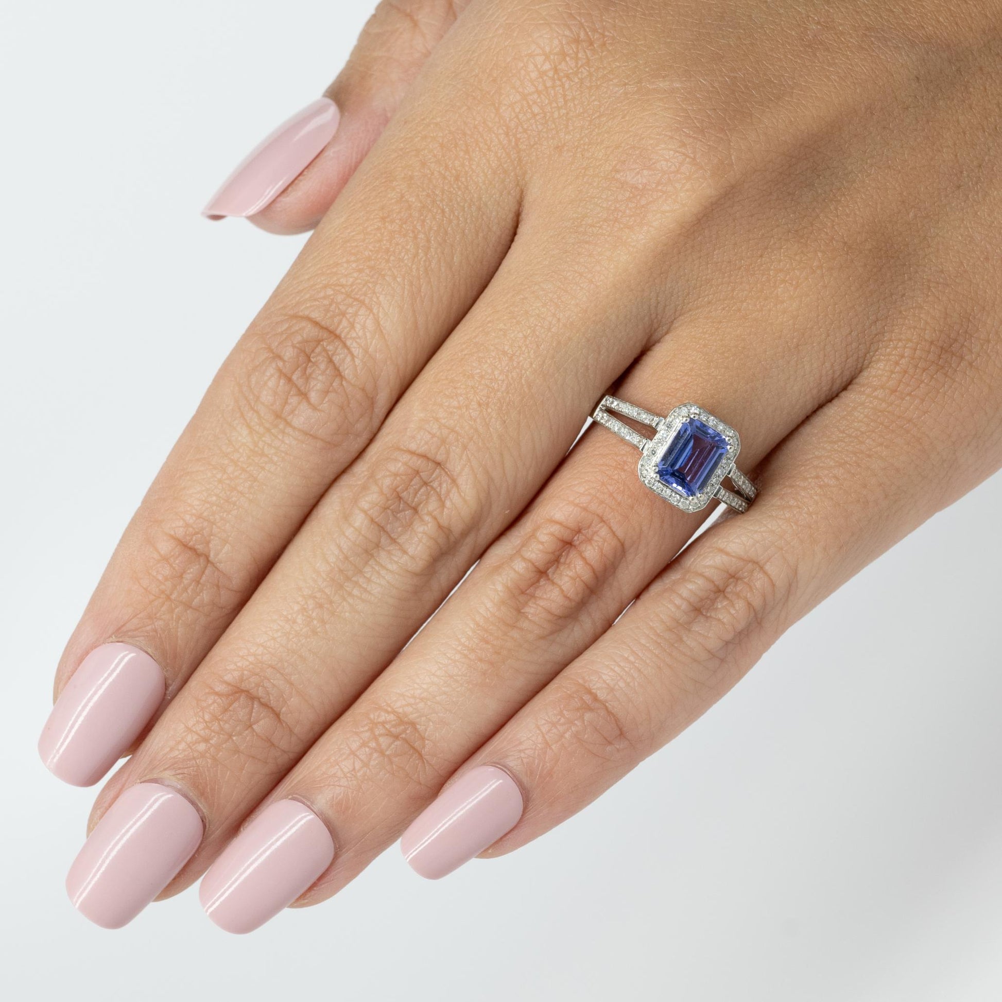 Emerald Cut Tanzanite in Diamond Halo Split Shank 14K White Gold Ring