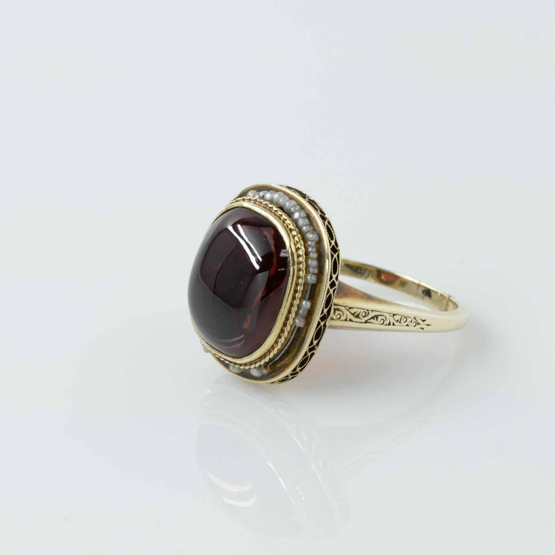 Art Deco Garnet Cabochon and Seed Pearl Yellow Gold Ring