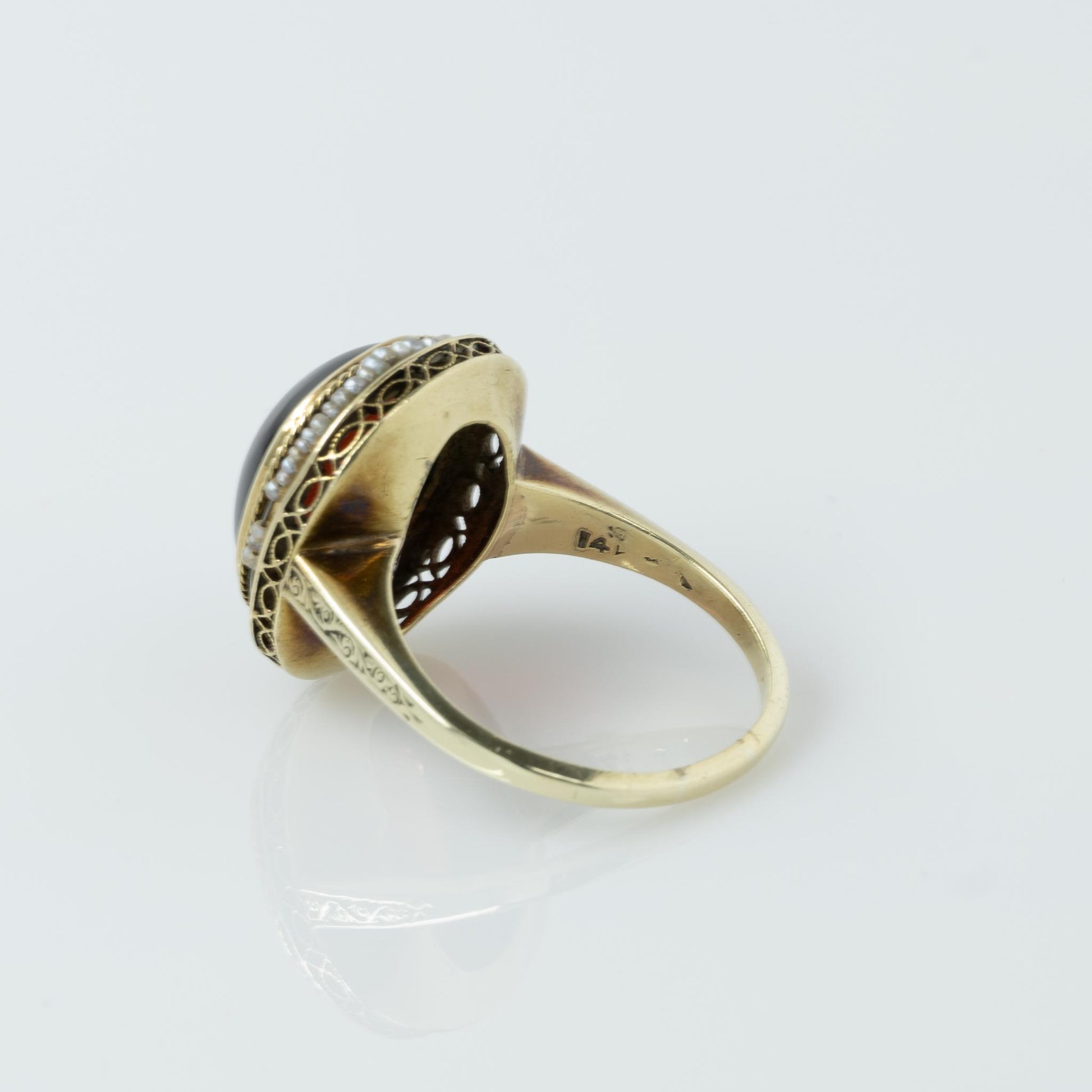 Art Deco Garnet Cabochon and Seed Pearl Yellow Gold Ring