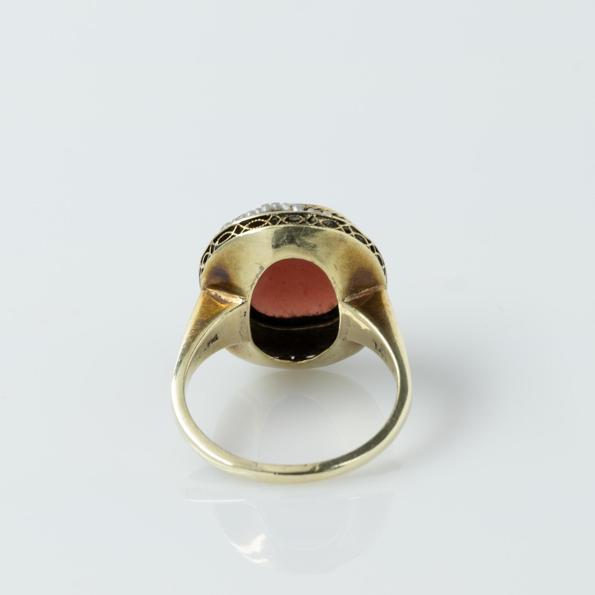 Art Deco Garnet Cabochon and Seed Pearl Yellow Gold Ring