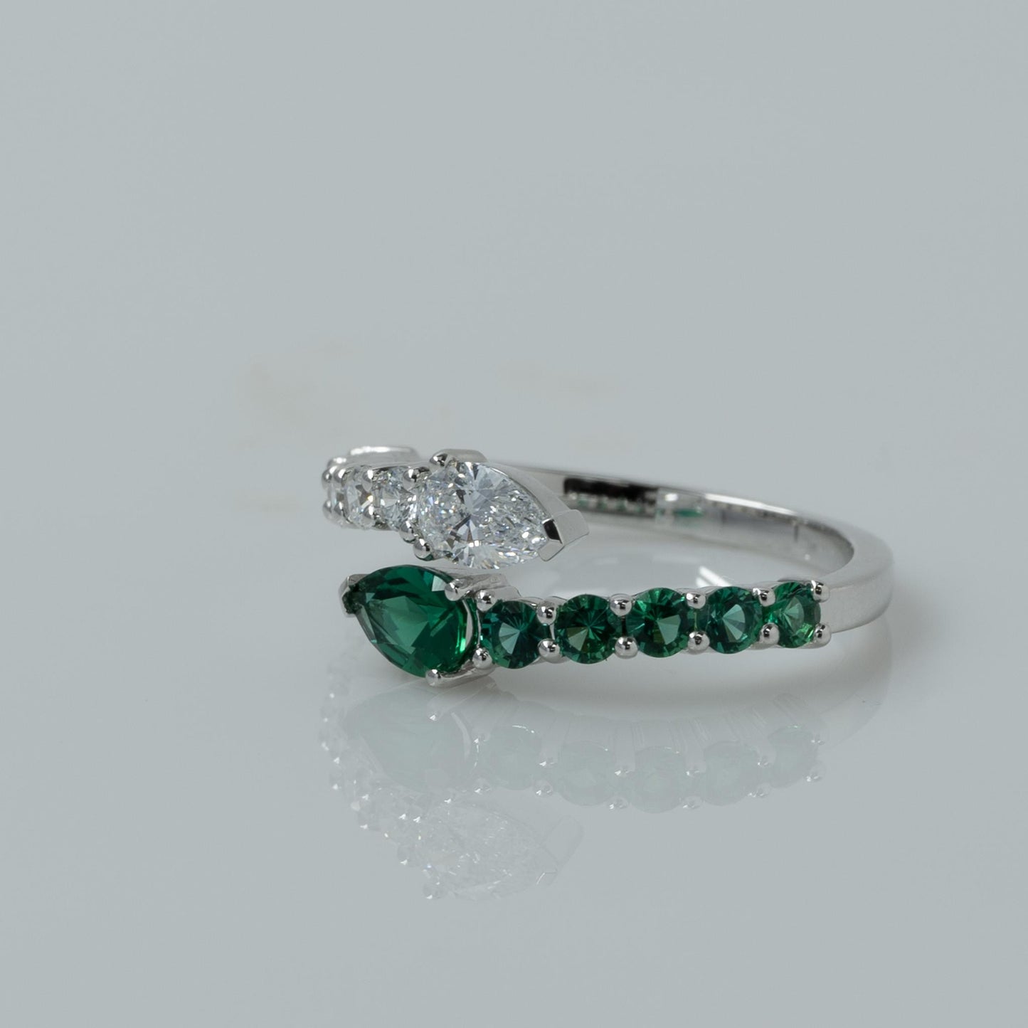 Lab Diamond & Emerald Pear "Snake" Bypass Ring in 14k White Gold