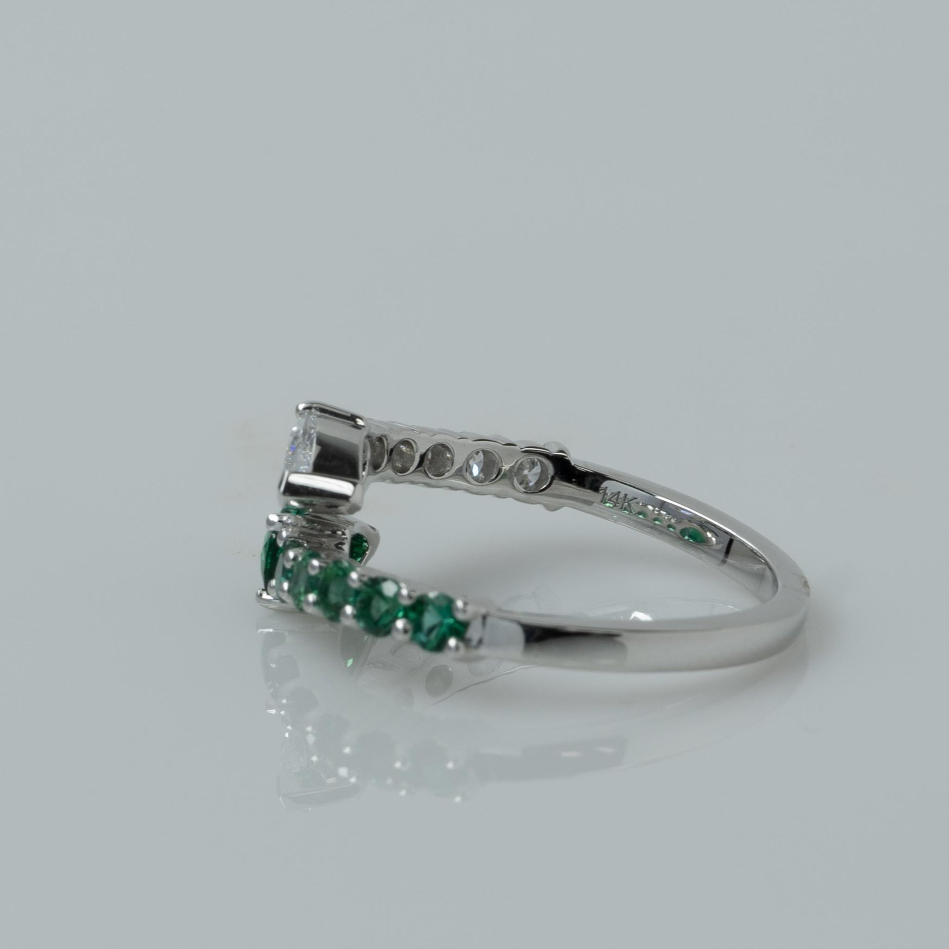 Lab Diamond & Emerald Pear "Snake" Bypass Ring in 14k White Gold