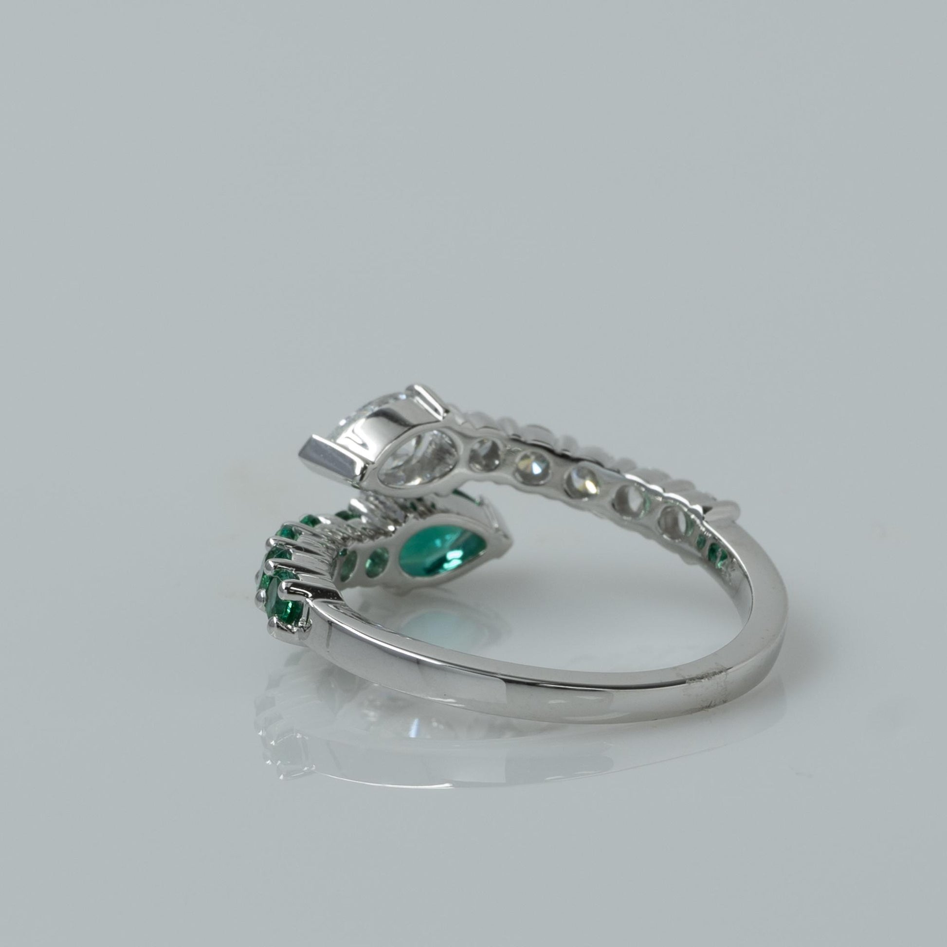 Lab Diamond & Emerald Pear "Snake" Bypass Ring in 14k White Gold