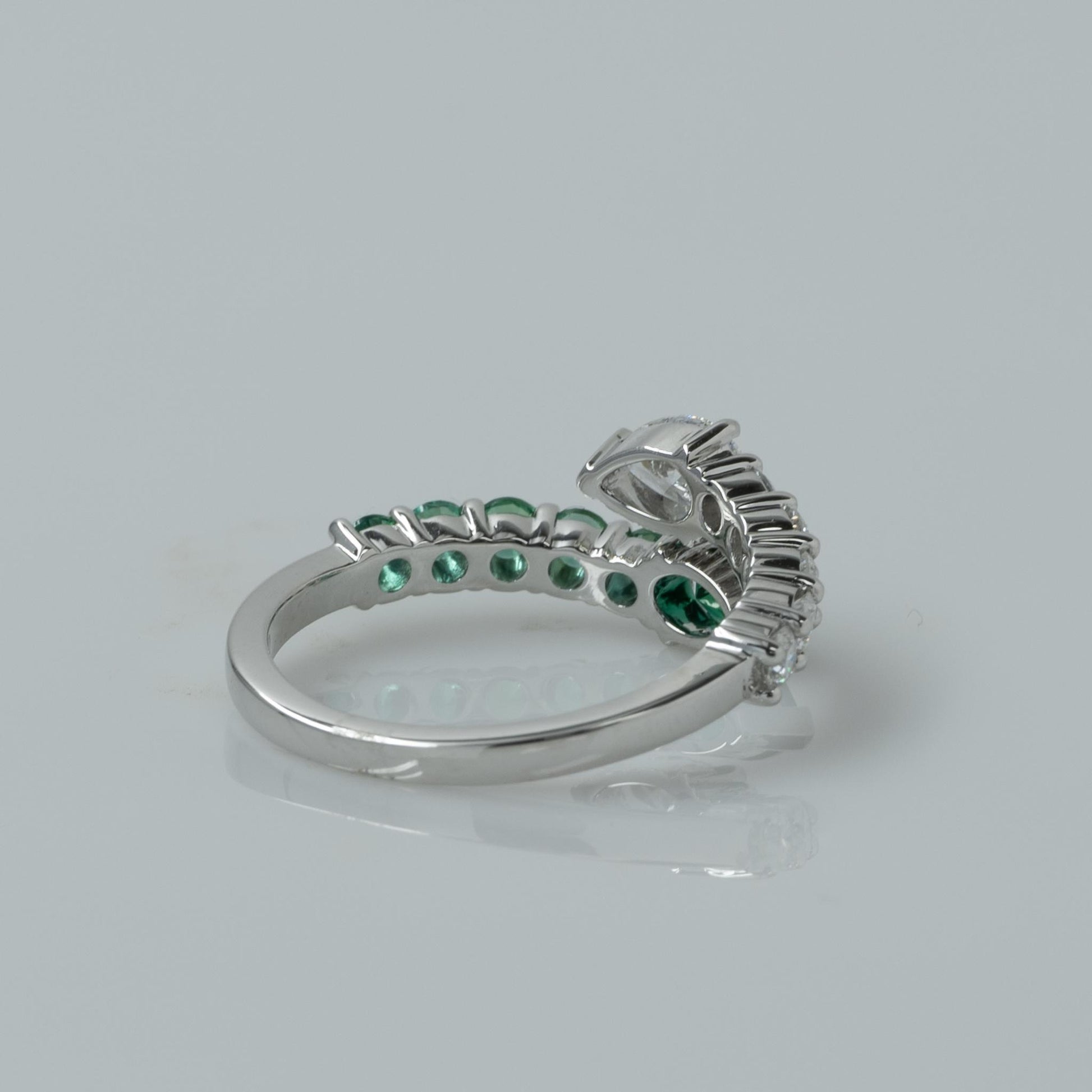 Lab Diamond & Emerald Pear "Snake" Bypass Ring in 14k White Gold