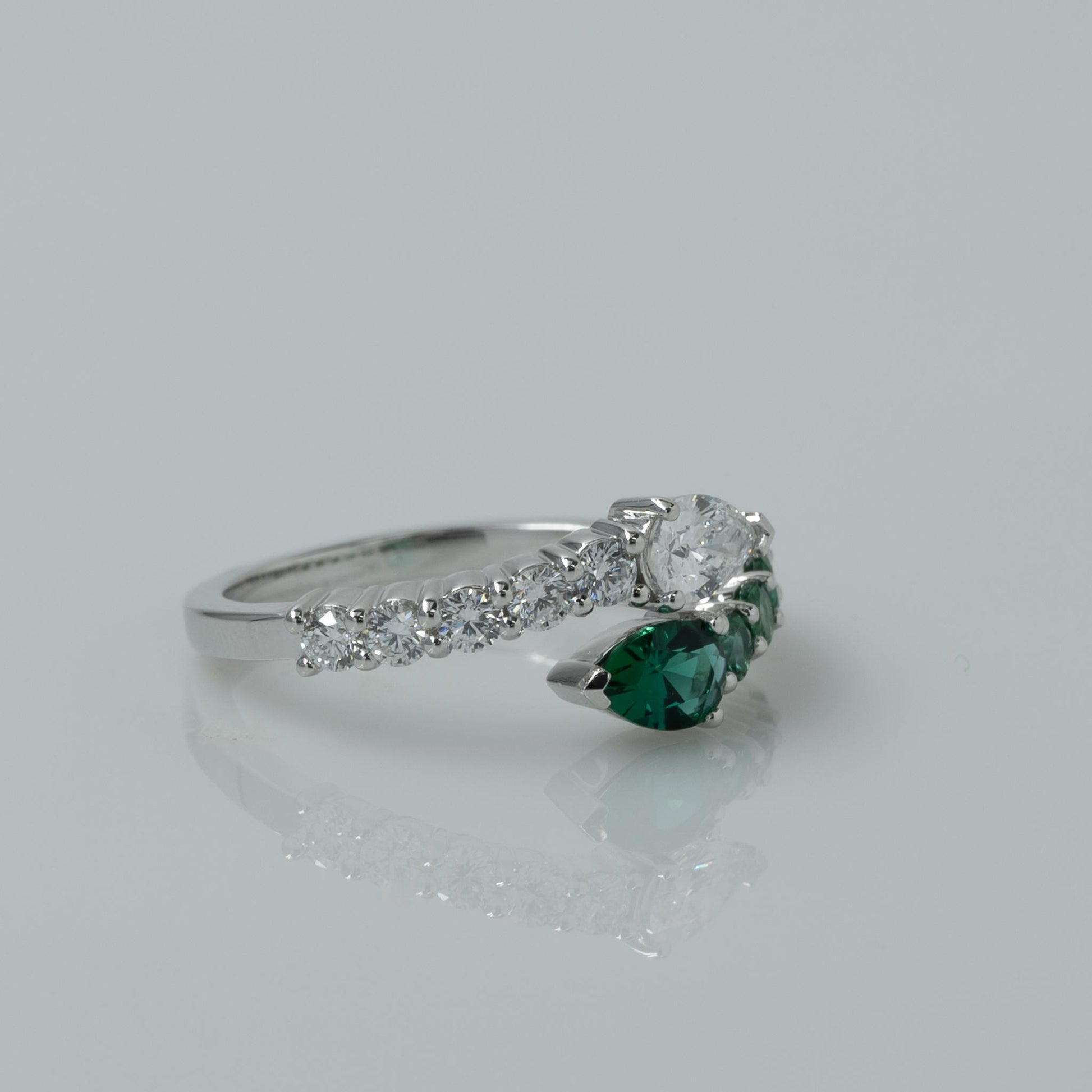 Lab Diamond & Emerald Pear "Snake" Bypass Ring in 14k White Gold