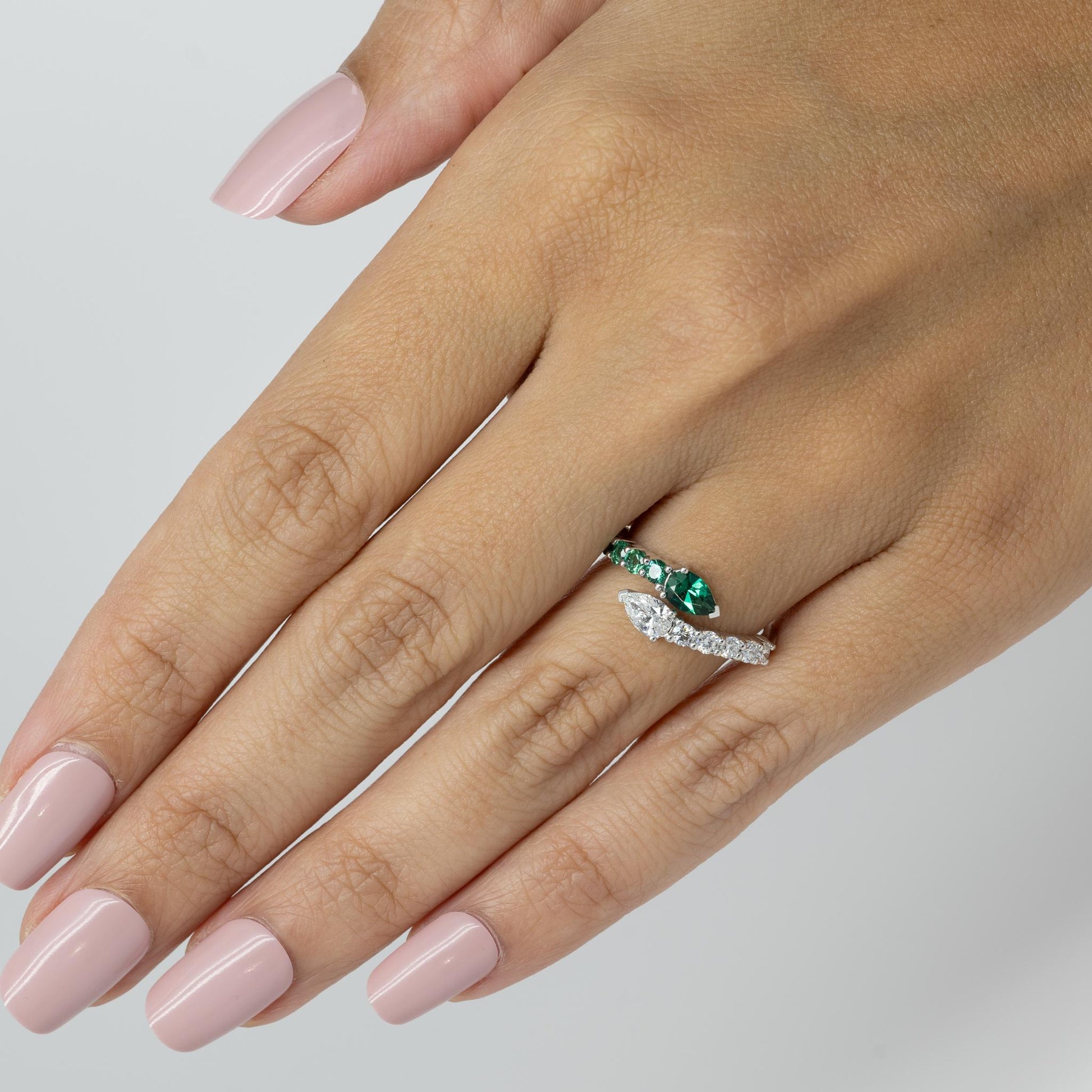 Lab Diamond & Emerald Pear "Snake" Bypass Ring in 14k White Gold