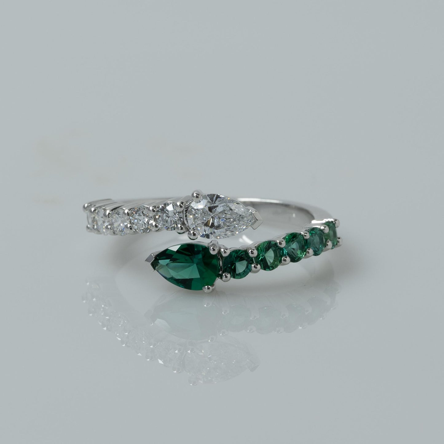 Lab Diamond & Emerald Pear "Snake" Bypass Ring in 14k White Gold