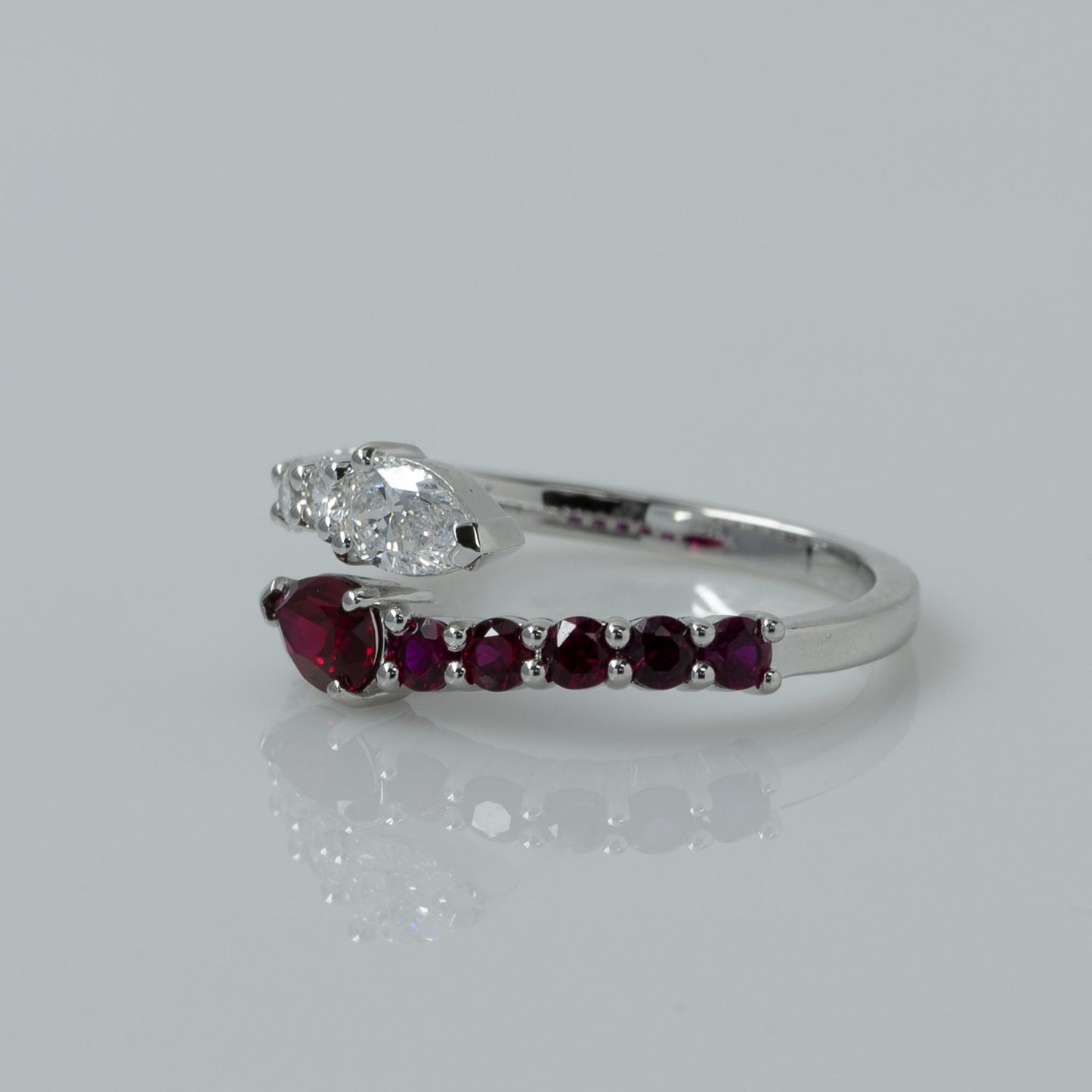 Lab Diamond & Ruby Pear "Snake" Bypass Ring in 14k White Gold