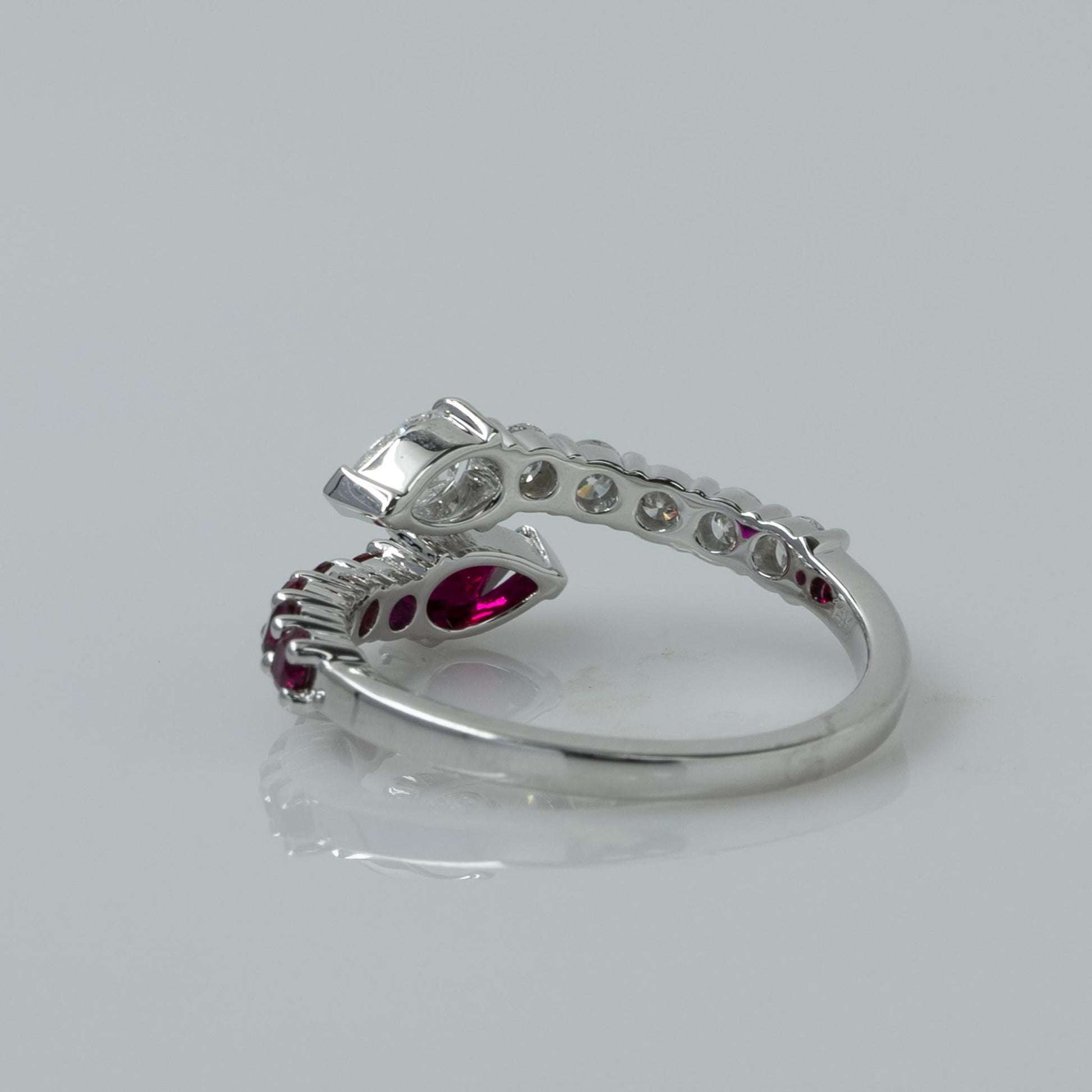 Lab Diamond & Ruby Pear "Snake" Bypass Ring in 14k White Gold