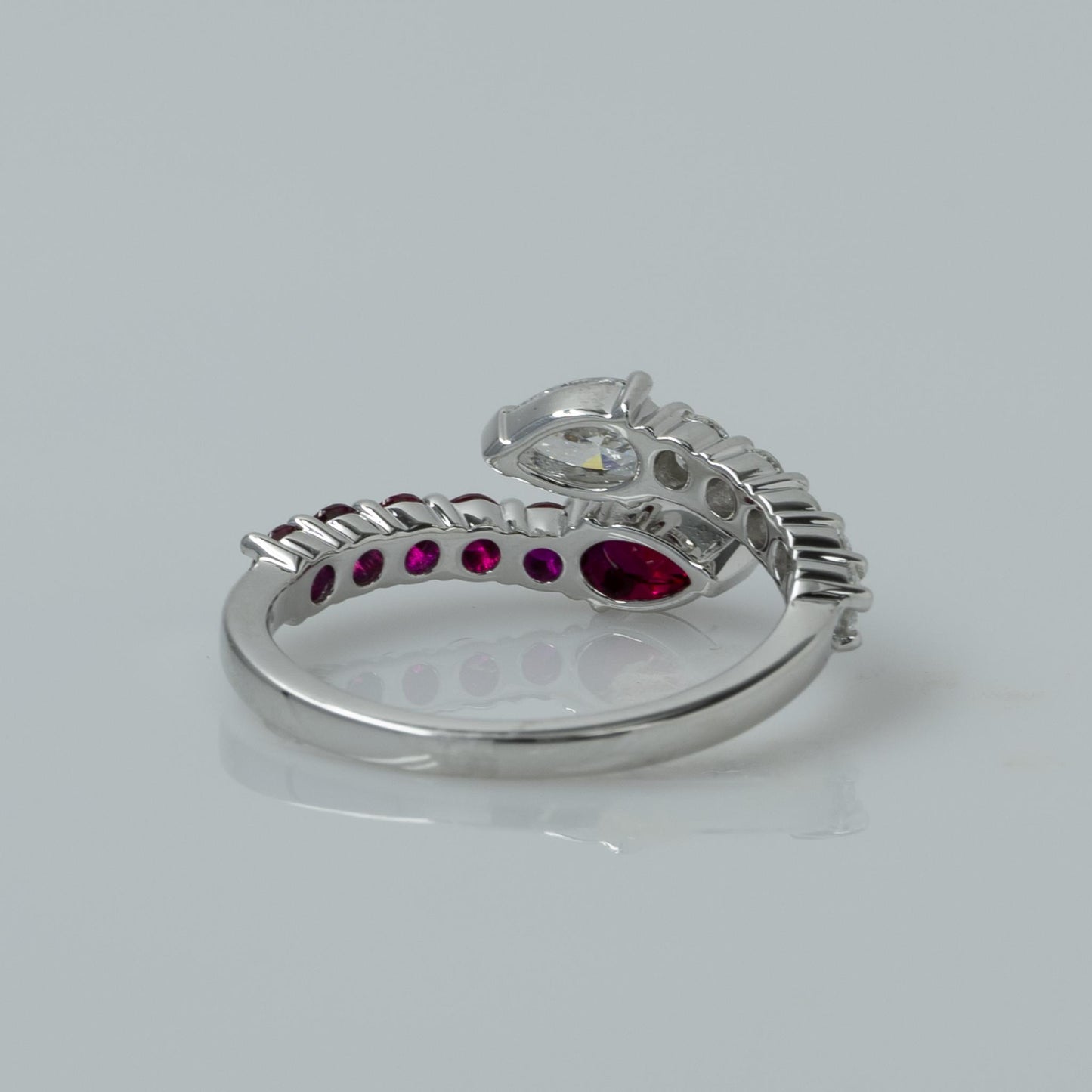 Lab Diamond & Ruby Pear "Snake" Bypass Ring in 14k White Gold