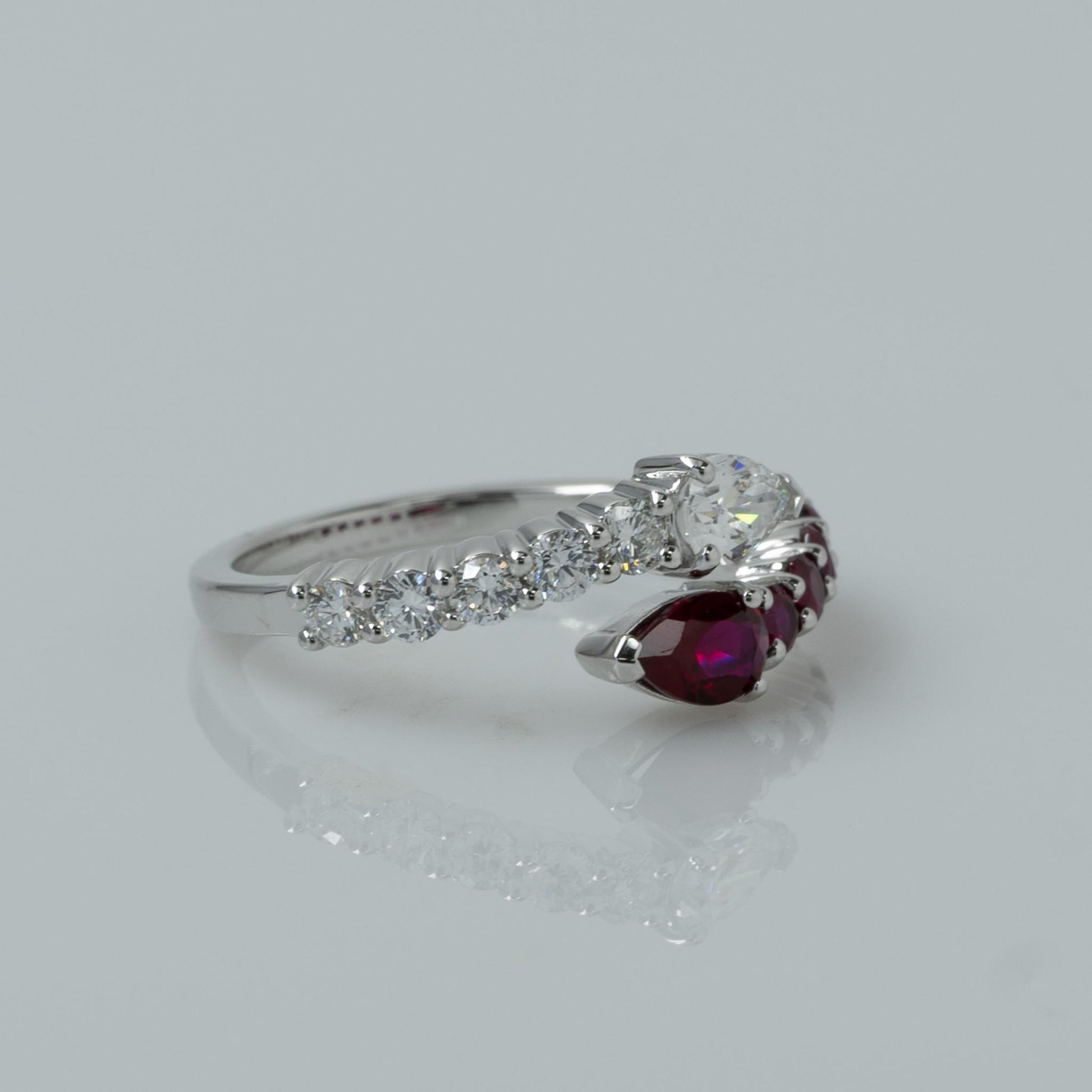 Lab Diamond & Ruby Pear "Snake" Bypass Ring in 14k White Gold