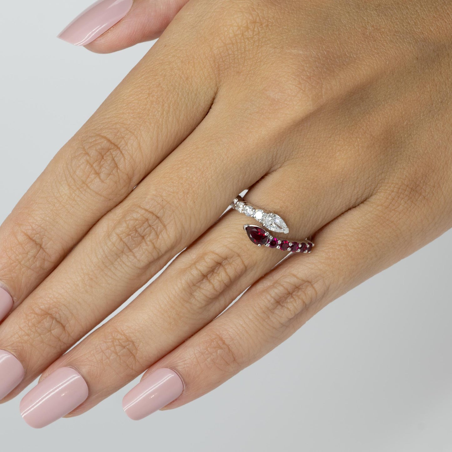 Lab Diamond & Ruby Pear "Snake" Bypass Ring in 14k White Gold