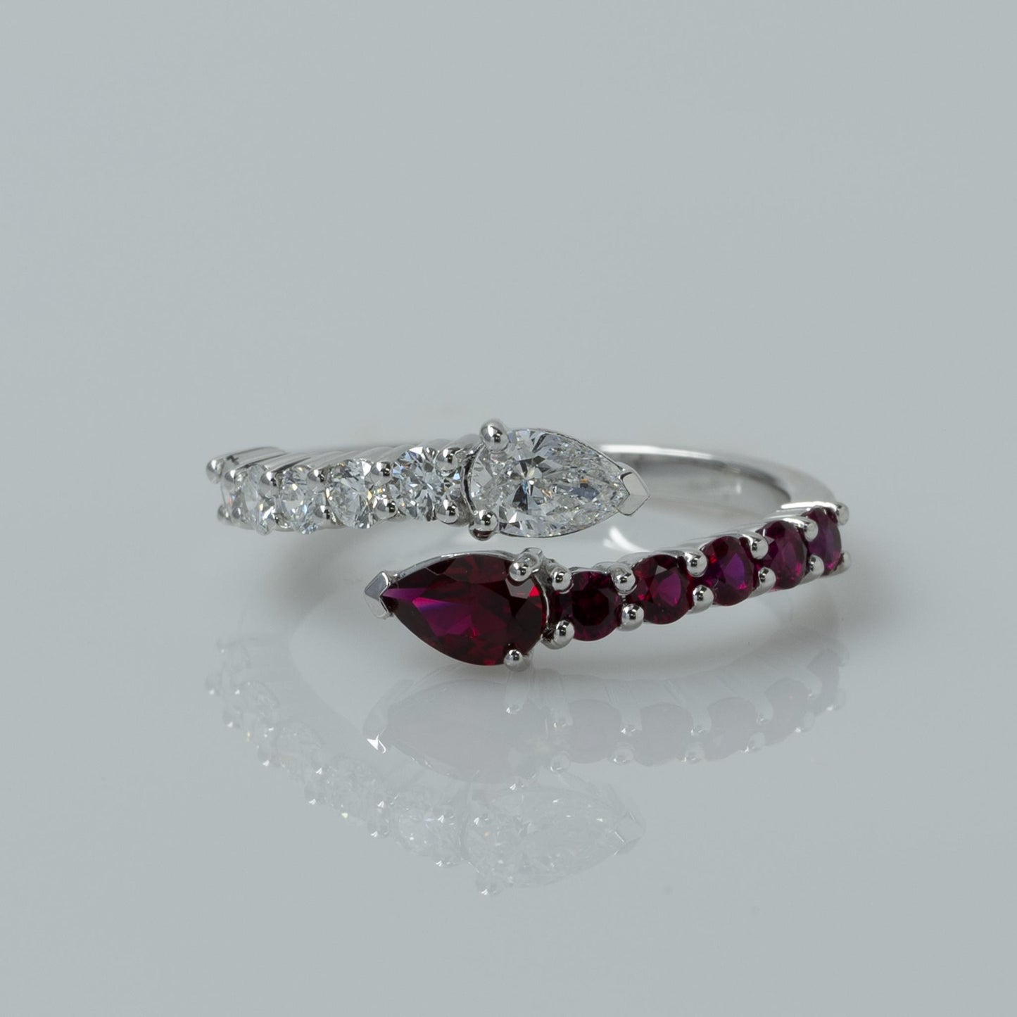 Lab Diamond & Ruby Pear "Snake" Bypass Ring in 14k White Gold