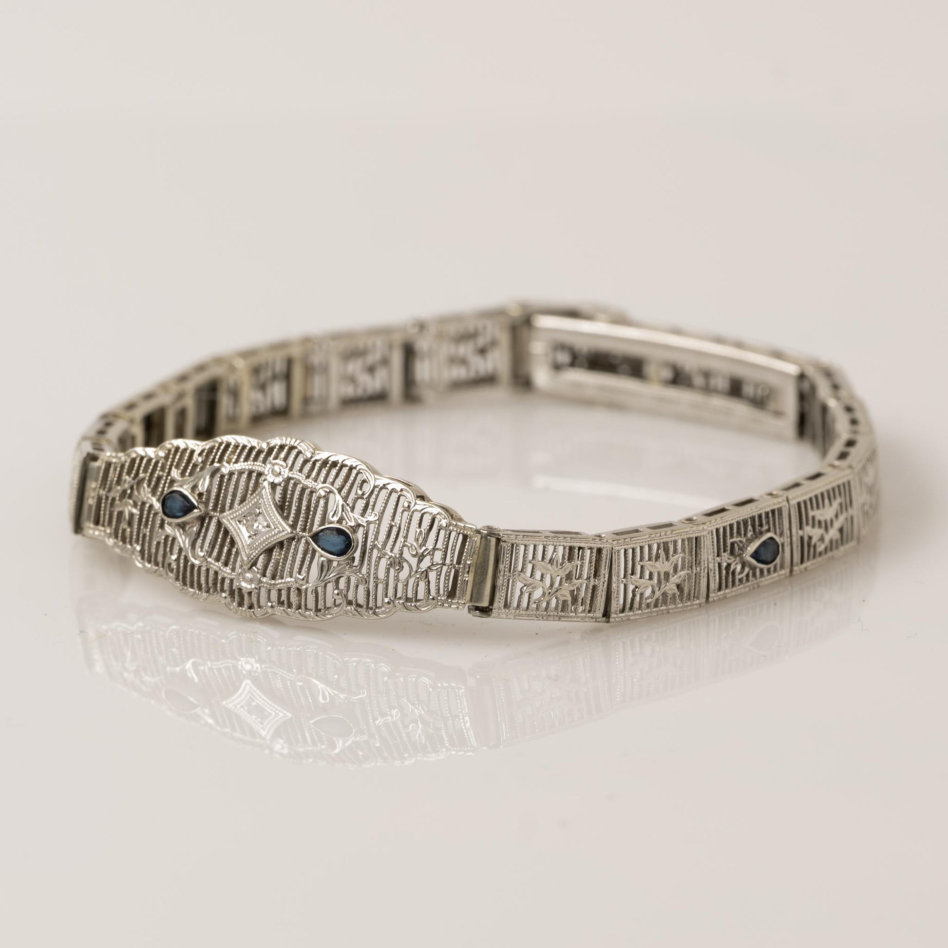 Art Deco Diamond & Sapphire White Gold Filigree Bracelet