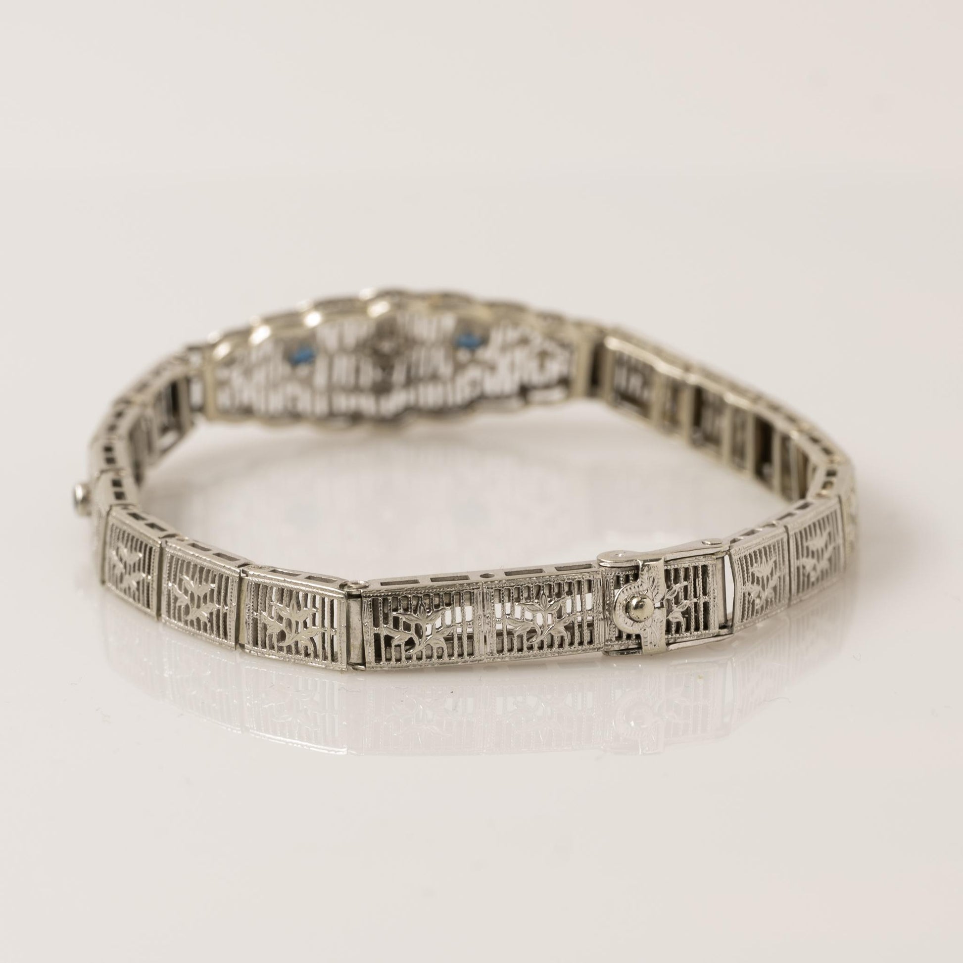 Art Deco Diamond & Sapphire White Gold Filigree Bracelet