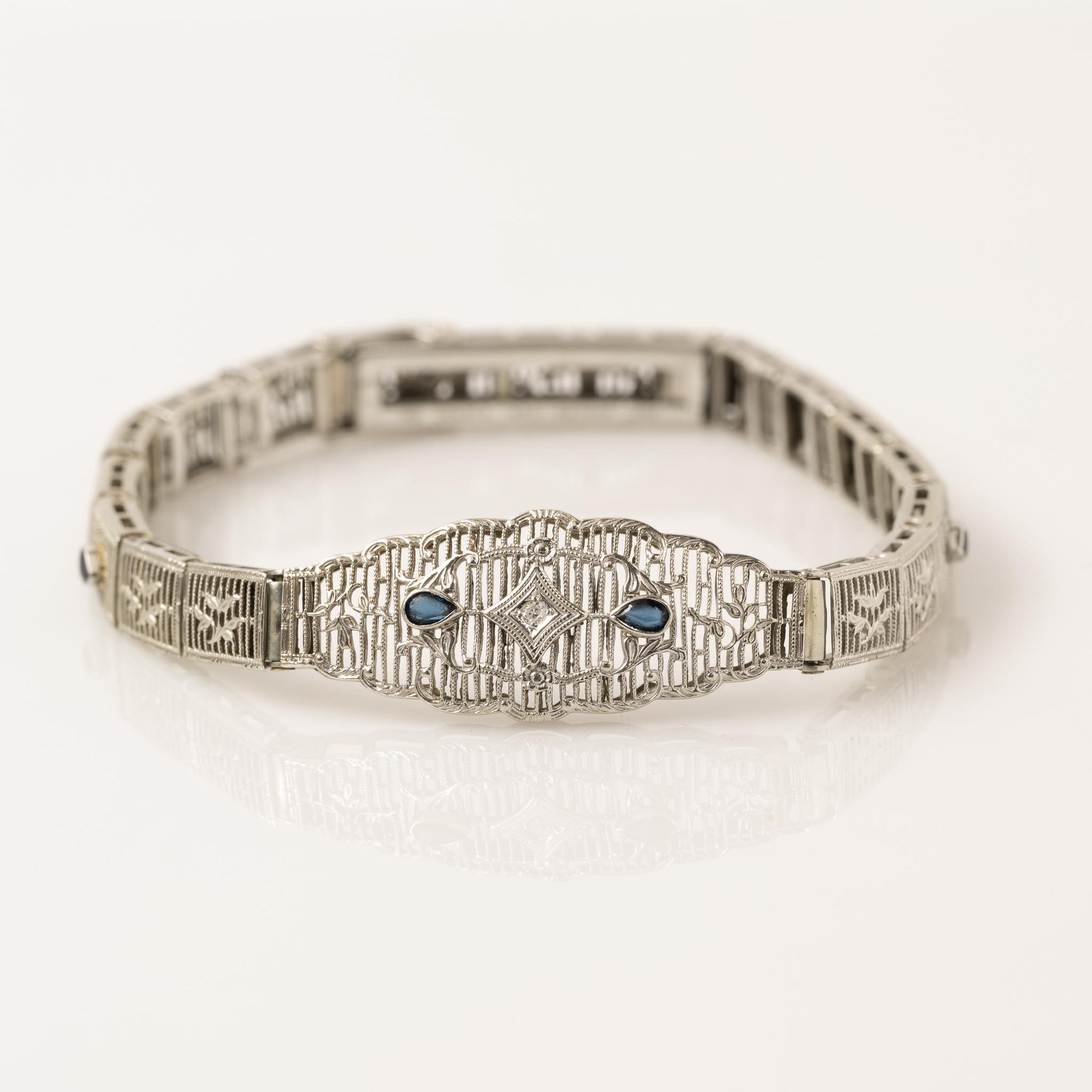 Art Deco Diamond & Sapphire White Gold Filigree Bracelet