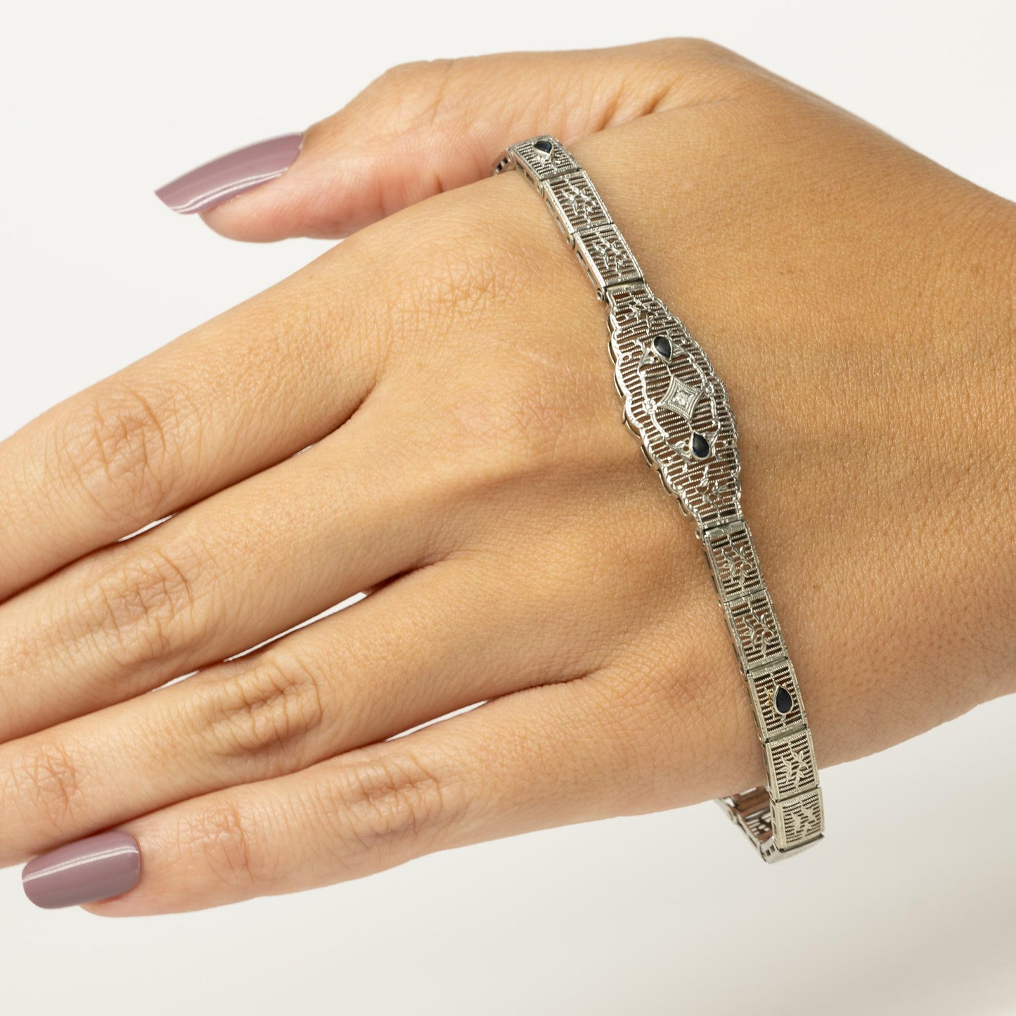 Art Deco Diamond & Sapphire White Gold Filigree Bracelet