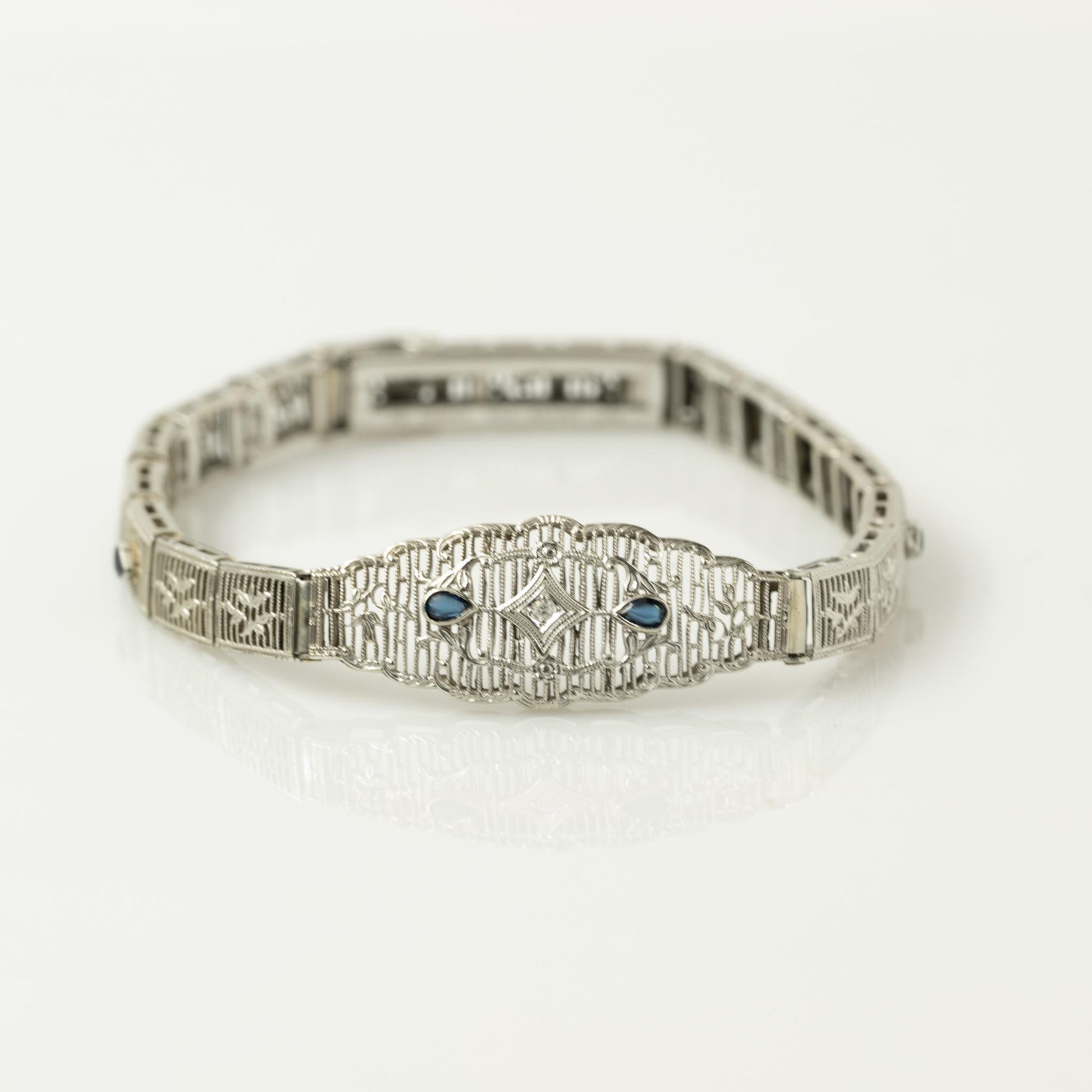 Art Deco Diamond & Sapphire White Gold Filigree Bracelet