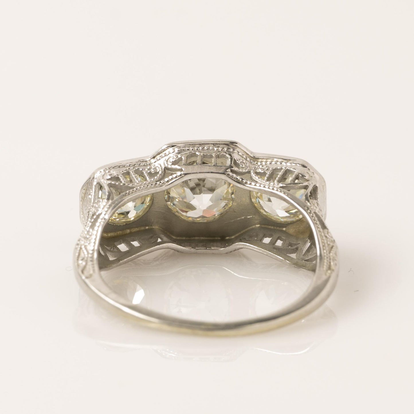 1.45ctw Old European Cut Diamond 3 Stone Filigree Platinum Ring