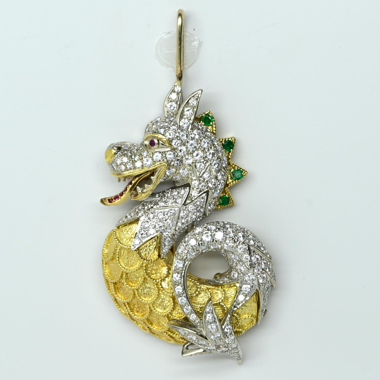 Sea Monster Dragon 8 ctw Diamond, Emerald, & Ruby 18k Gold Articulated Pendant