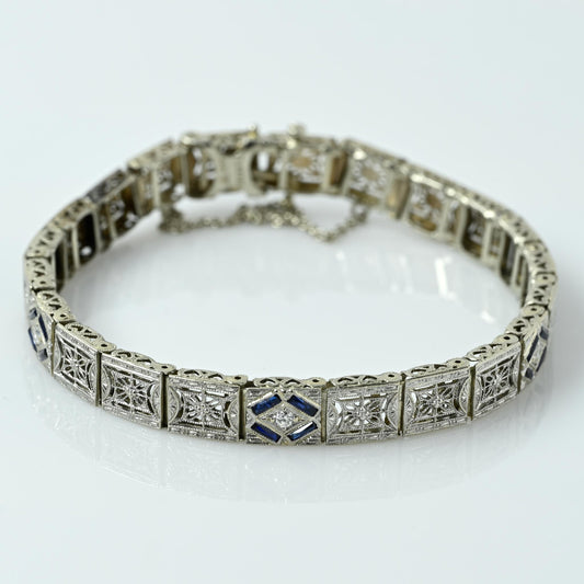 Art Deco Sapphire and Diamond Filigree Bracelet Platinum on 14k Gold