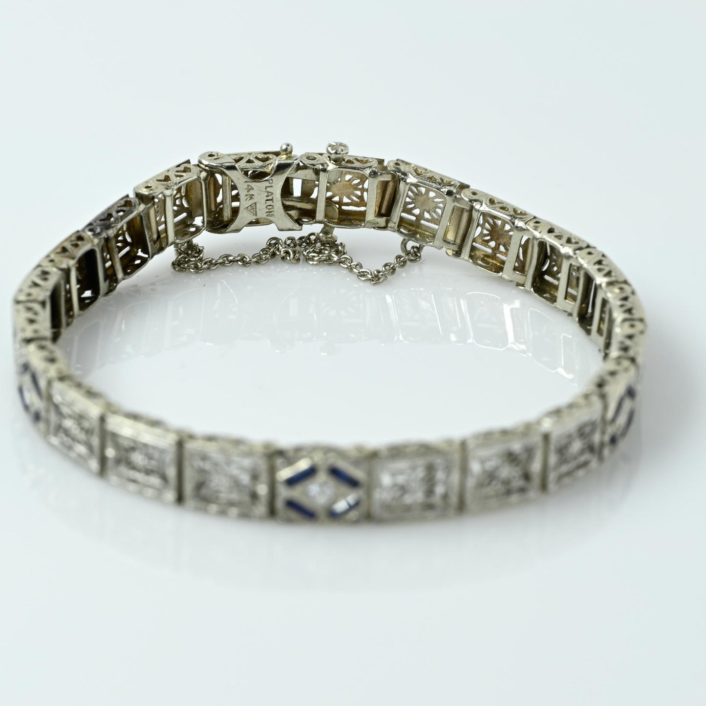 Art Deco Sapphire and Diamond Filigree Bracelet Platinum on 14k Gold