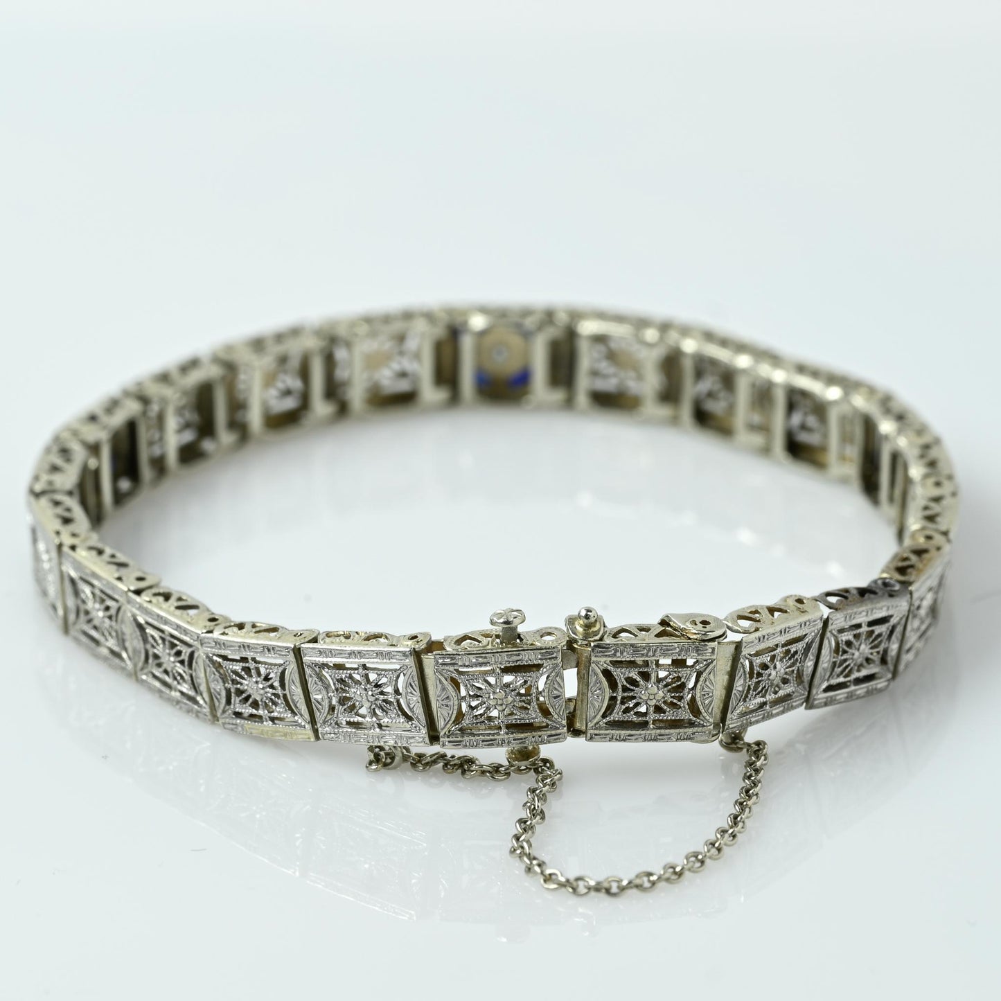 Art Deco Sapphire and Diamond Filigree Bracelet Platinum on 14k Gold