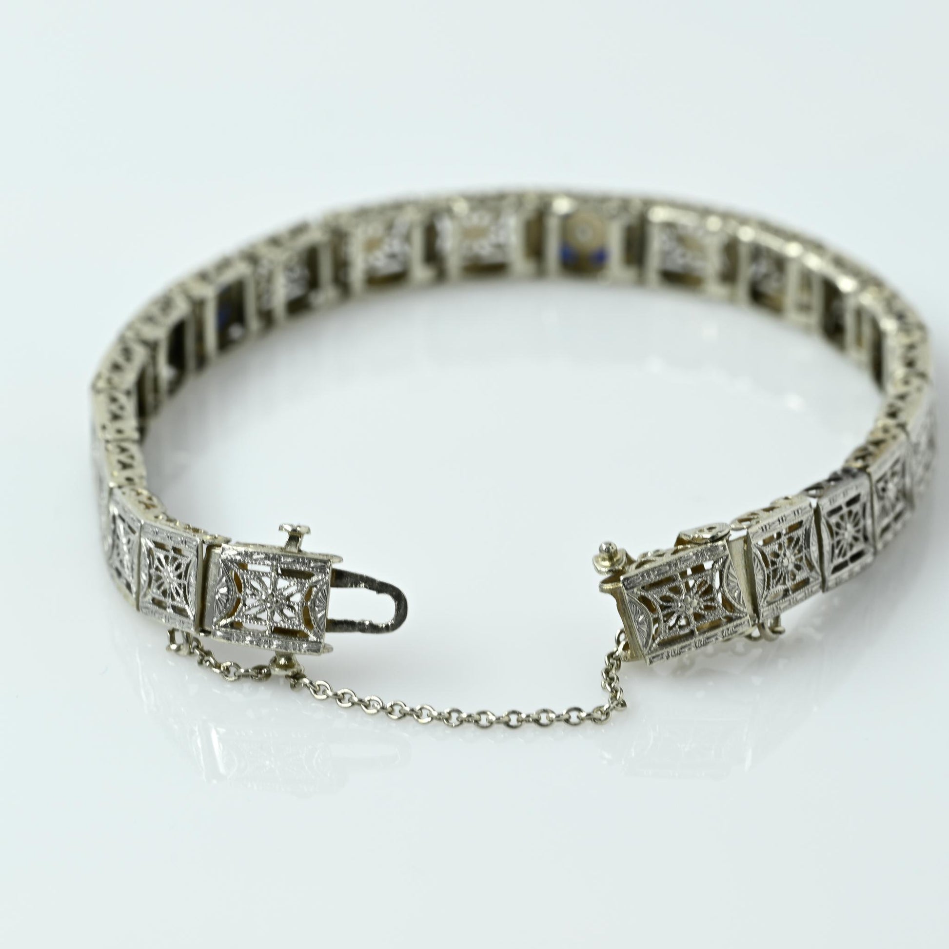 Art Deco Sapphire and Diamond Filigree Bracelet Platinum on 14k Gold