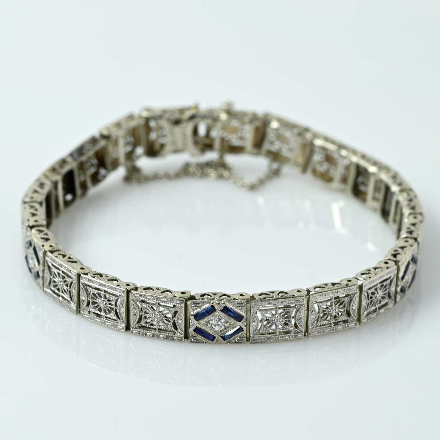 Art Deco Sapphire and Diamond Filigree Bracelet Platinum on 14k Gold