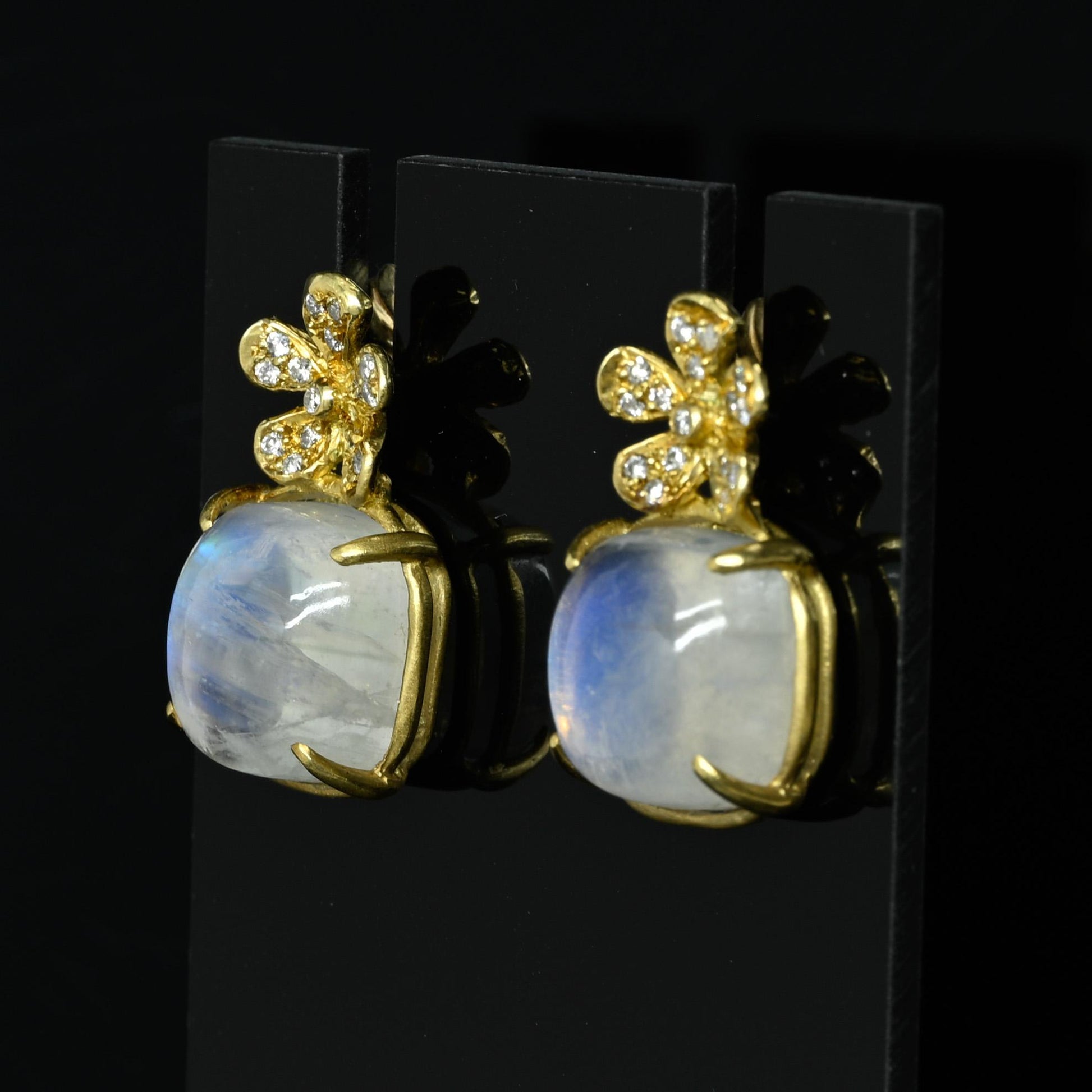 Moonstone Diamond Flower 22k Yellow Gold Earrings